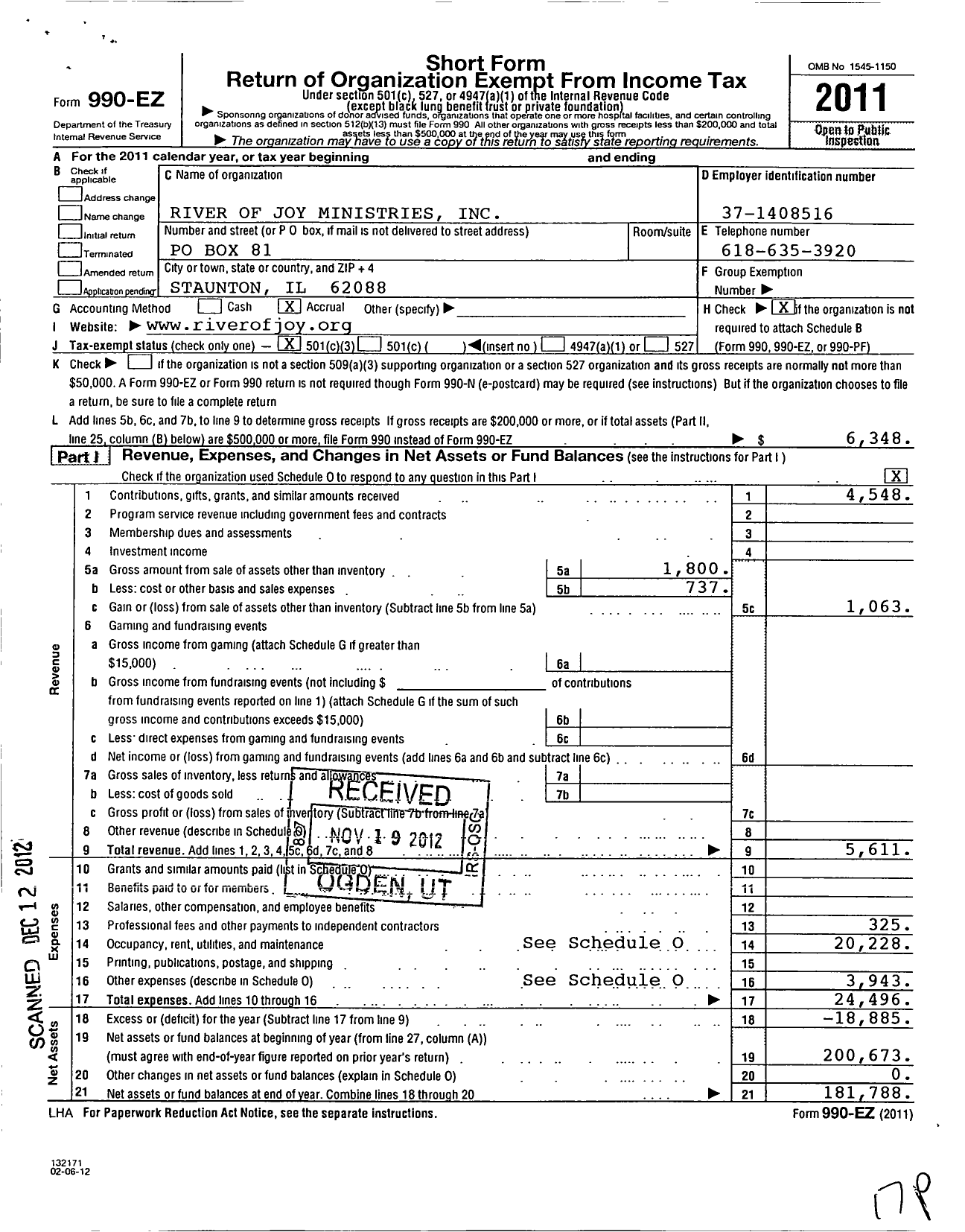 Image of first page of 2011 Form 990EZ for River of Joy Ministries