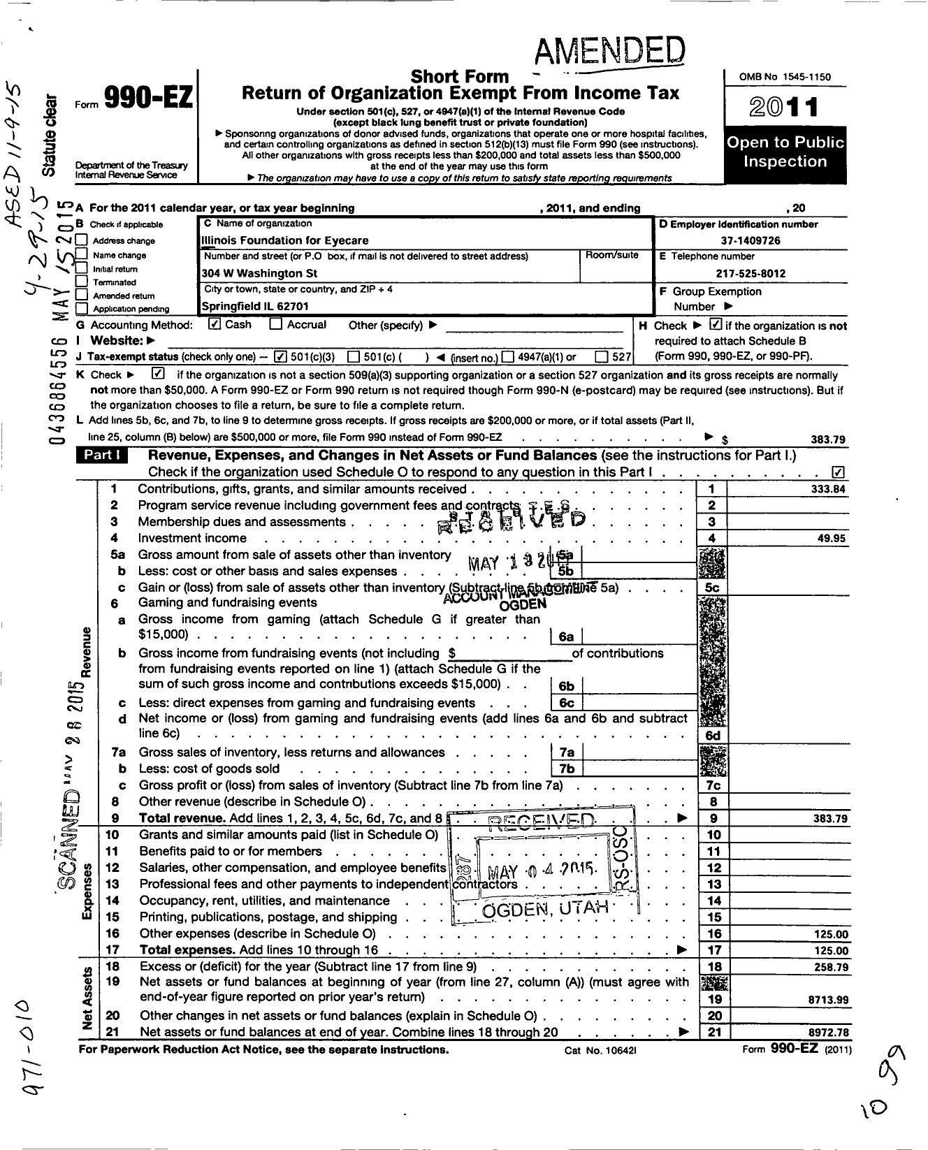 Image of first page of 2011 Form 990EZ for Illinois Foundation for Eyecare