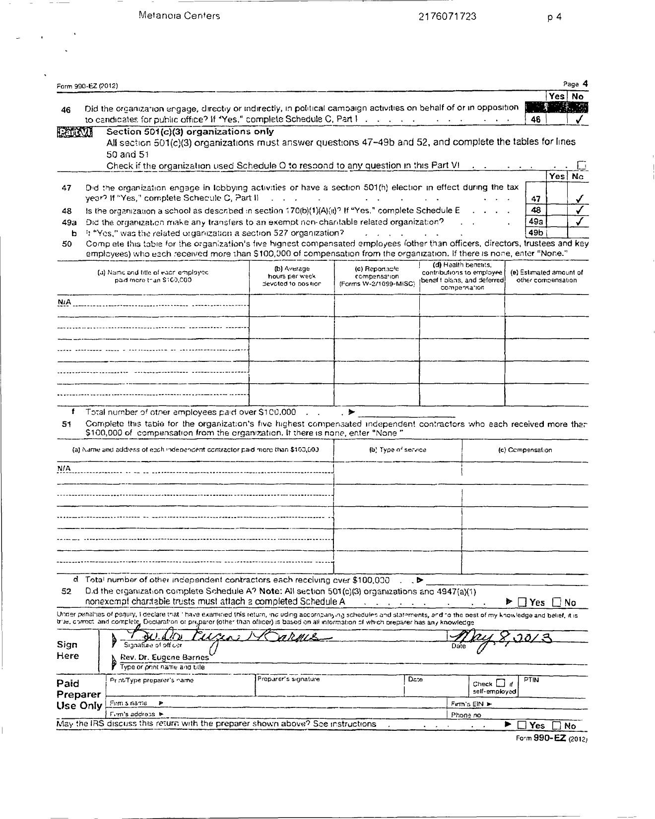 Image of first page of 2012 Form 990ER for Metanoia Centers for Innovations