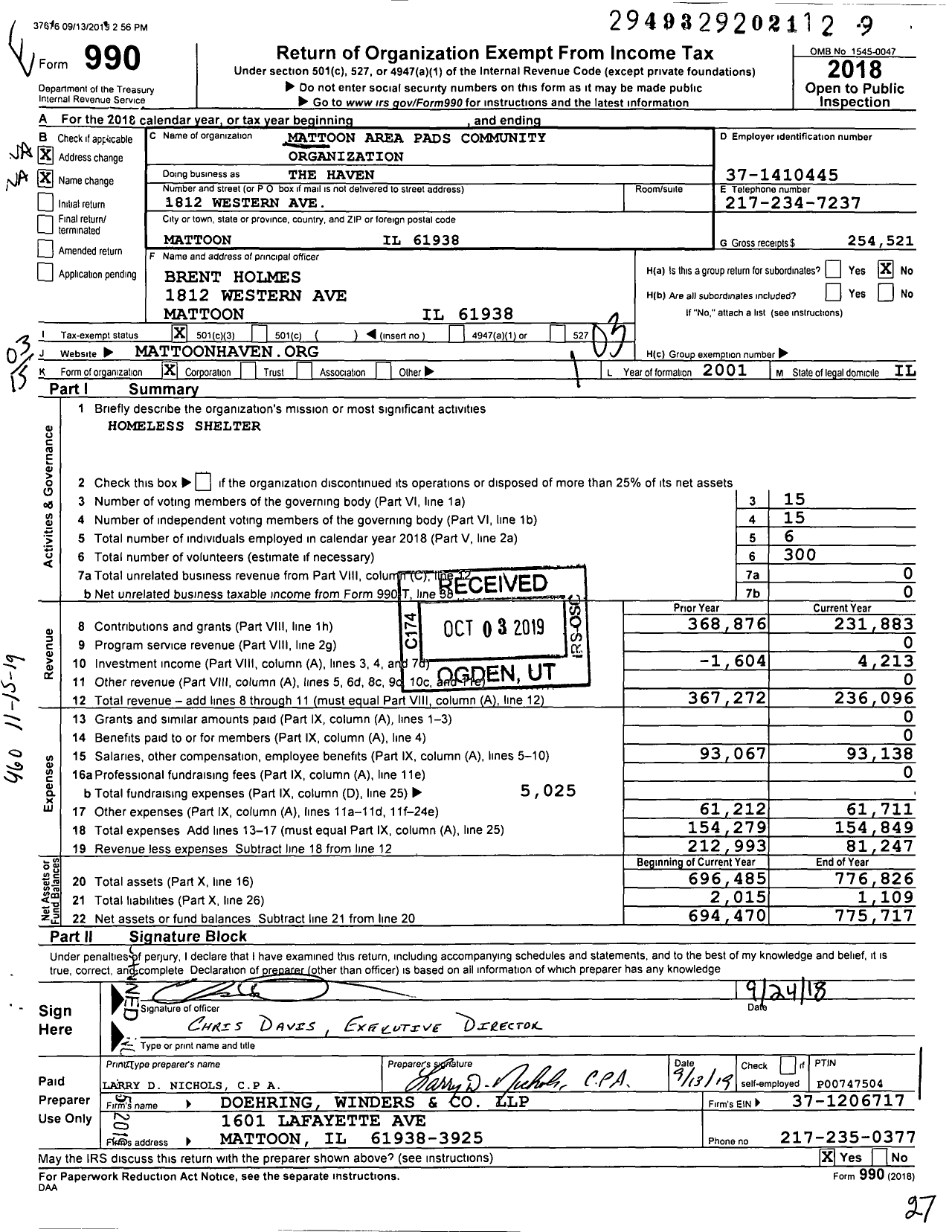 Image of first page of 2018 Form 990 for The Haven / Mattoon Area Pads Community Organization