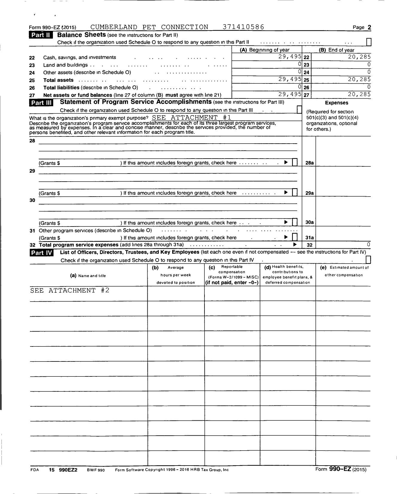 Image of first page of 2015 Form 990EZ for Cumberland Pet Connection Charity