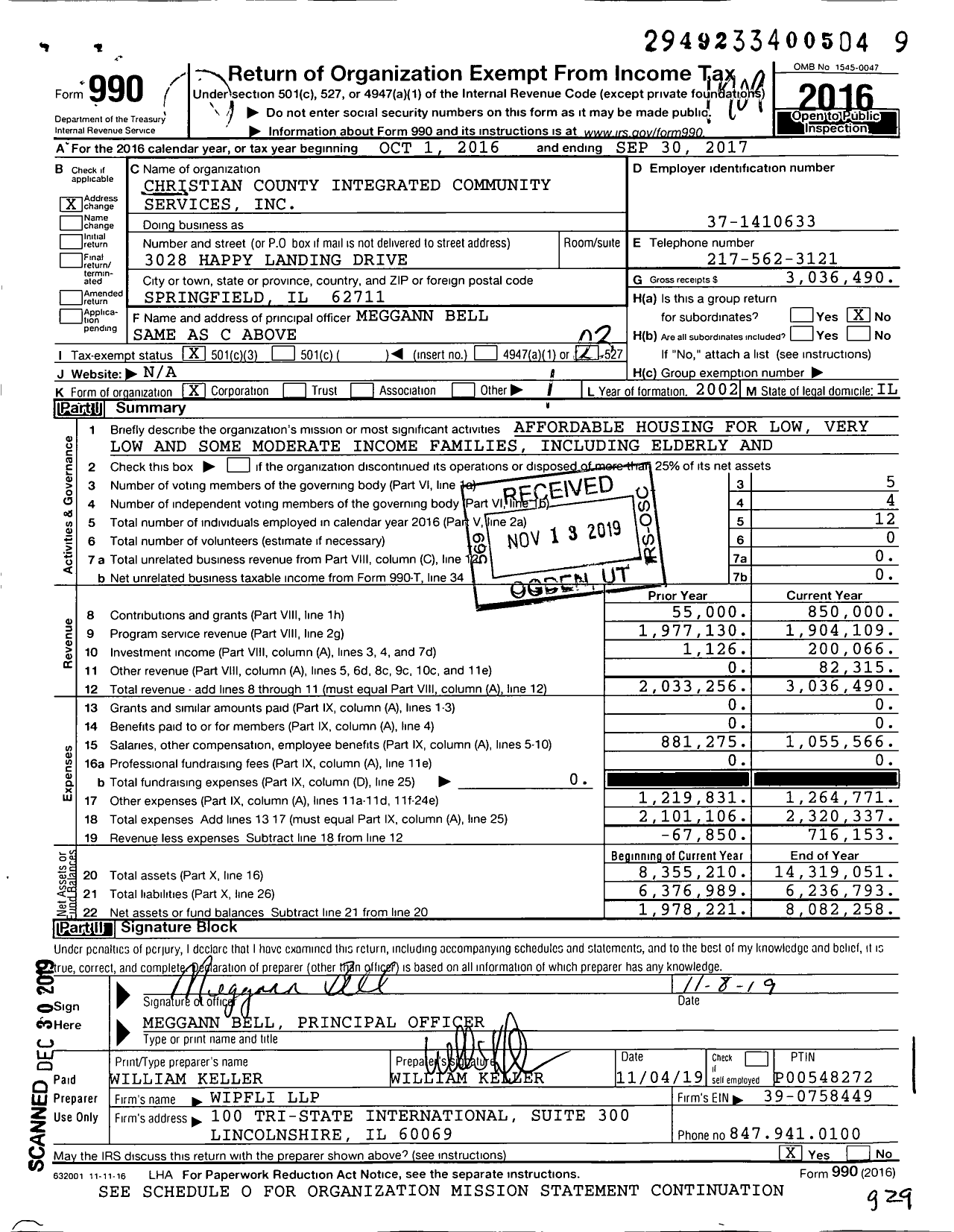 Image of first page of 2016 Form 990 for Christian County Integrated Community Services