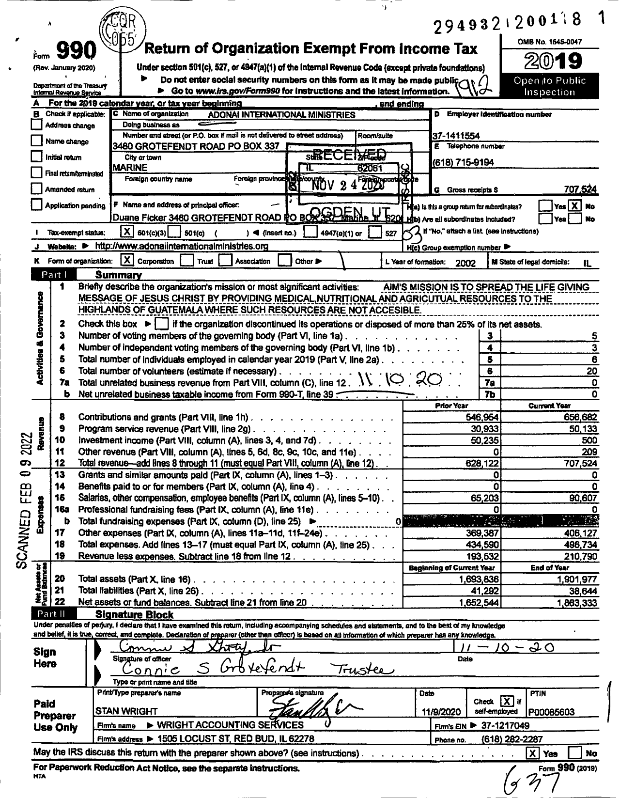 Image of first page of 2019 Form 990 for Adonai International Ministries