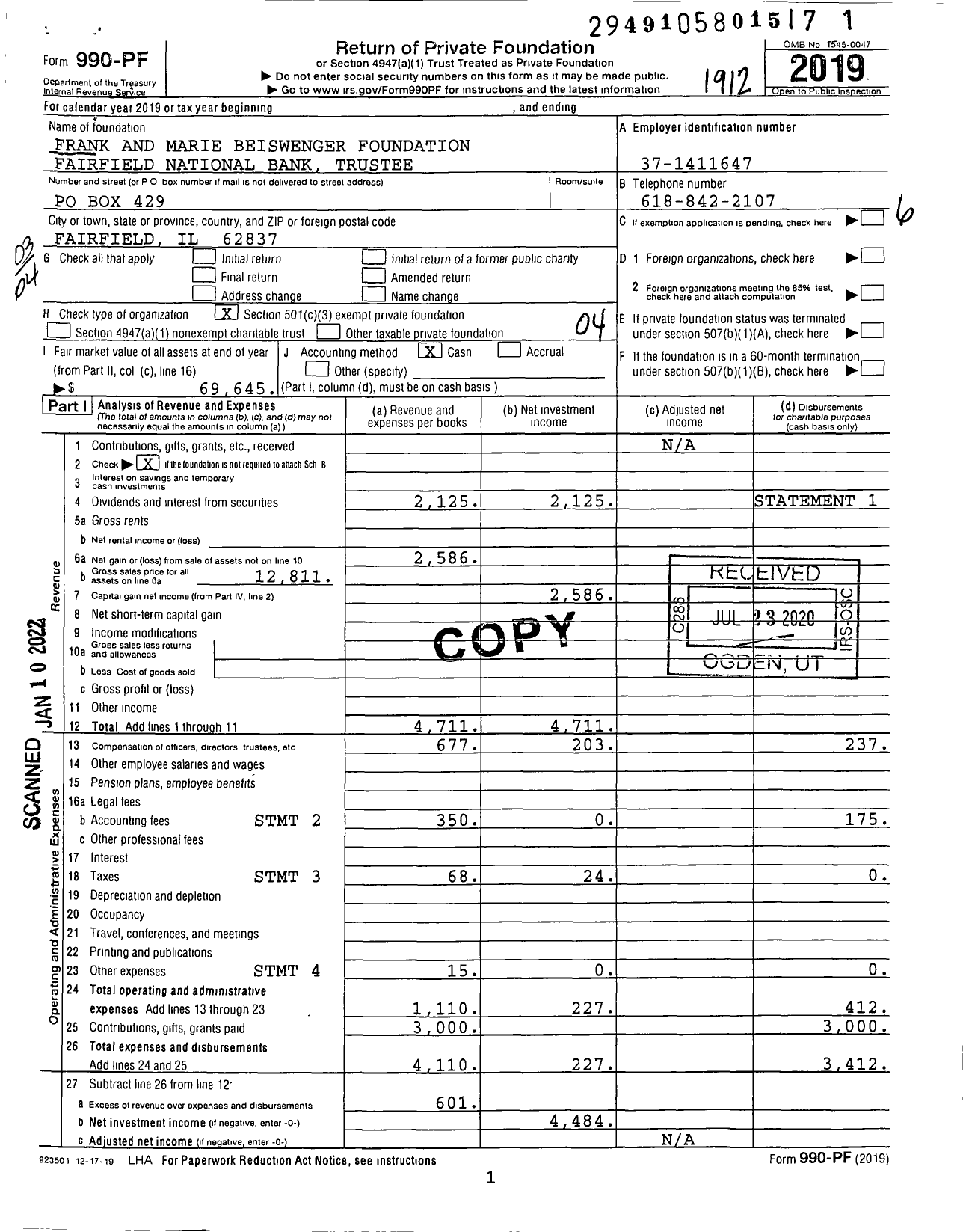 Image of first page of 2019 Form 990PF for Frank and Marie Beiswenger Foundation Fairfield National Bank Trustee