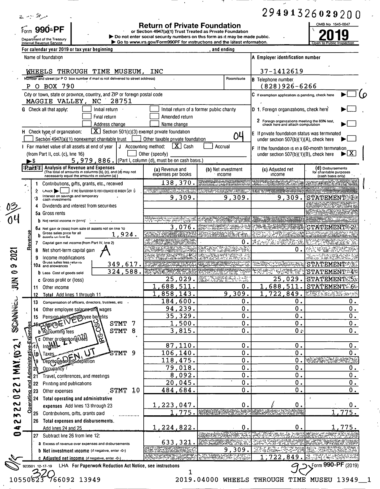 Image of first page of 2019 Form 990PF for Wheels Through Time Museum