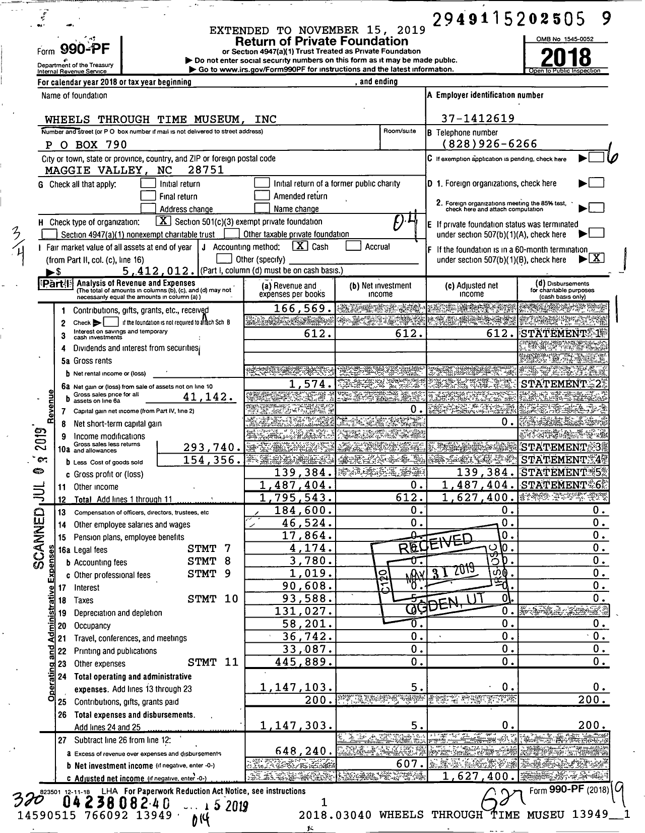 Image of first page of 2018 Form 990PF for Wheels Through Time Museum