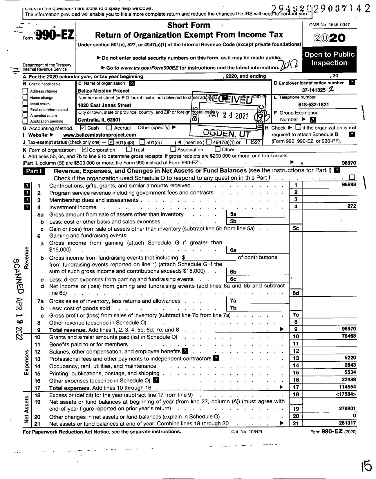 Image of first page of 2020 Form 990EZ for Belize Mission Project