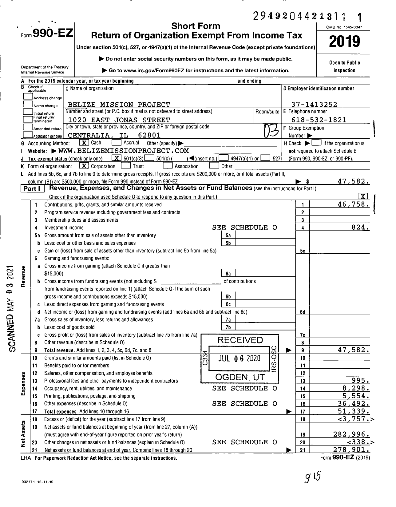 Image of first page of 2019 Form 990EZ for Belize Mission Project