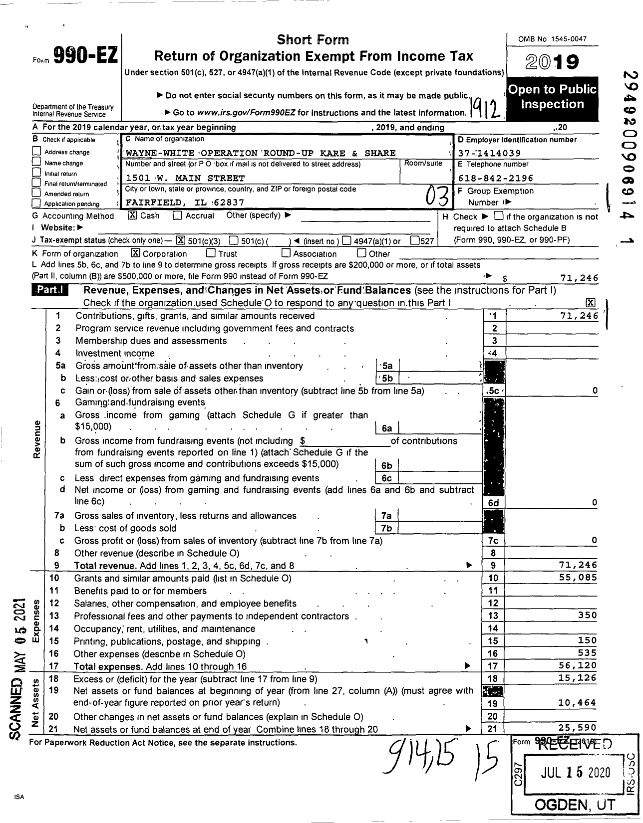 Image of first page of 2019 Form 990EZ for Wayne-White Operation Round Up Kare and Share