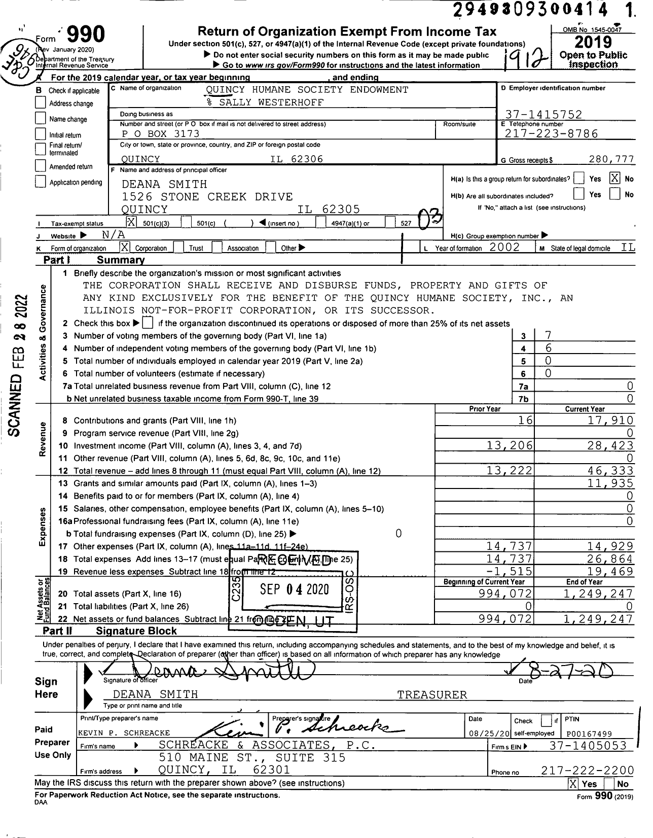 Image of first page of 2019 Form 990 for Quincy Humane Society Endowment