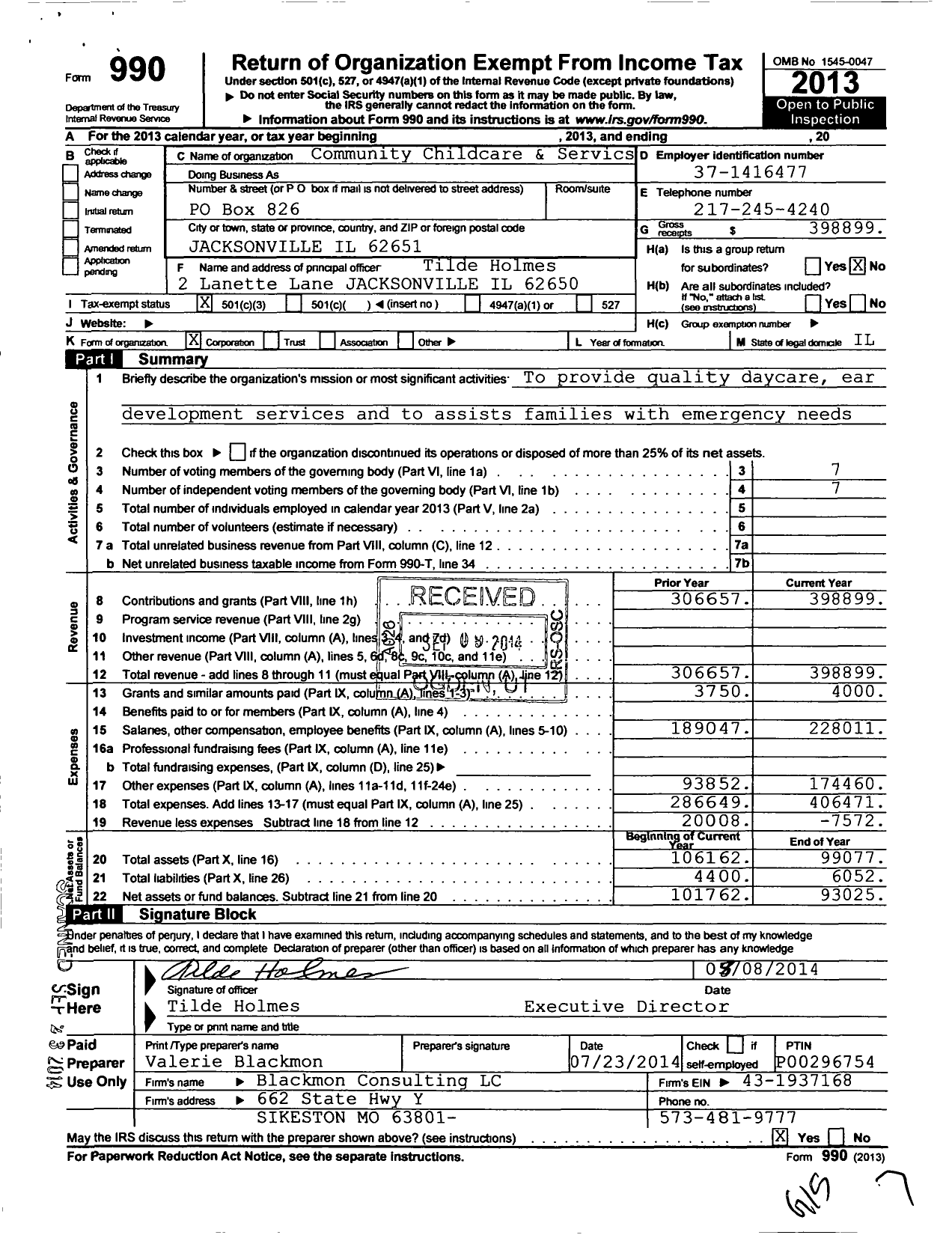 Image of first page of 2013 Form 990 for Community Childcare & Service