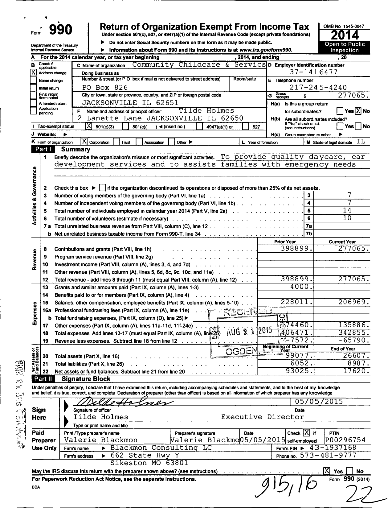 Image of first page of 2014 Form 990 for Community Childcare & Service