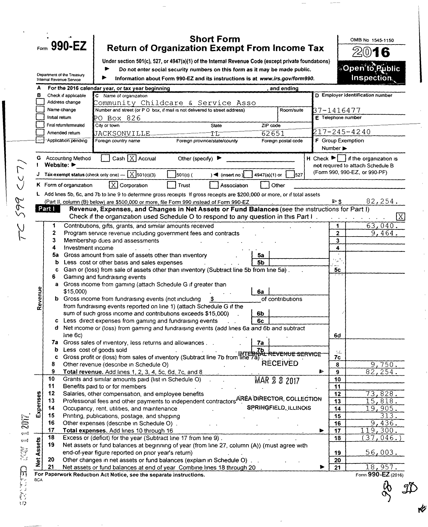 Image of first page of 2016 Form 990EZ for Community Childcare & Service