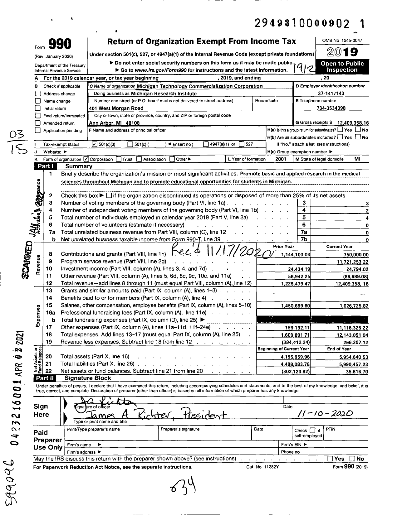 Image of first page of 2019 Form 990 for Michigan Research Institute