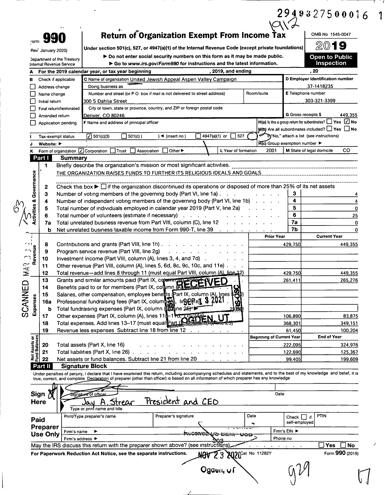 Image of first page of 2019 Form 990 for United Jewish Appeal Aspen Valley Campaign