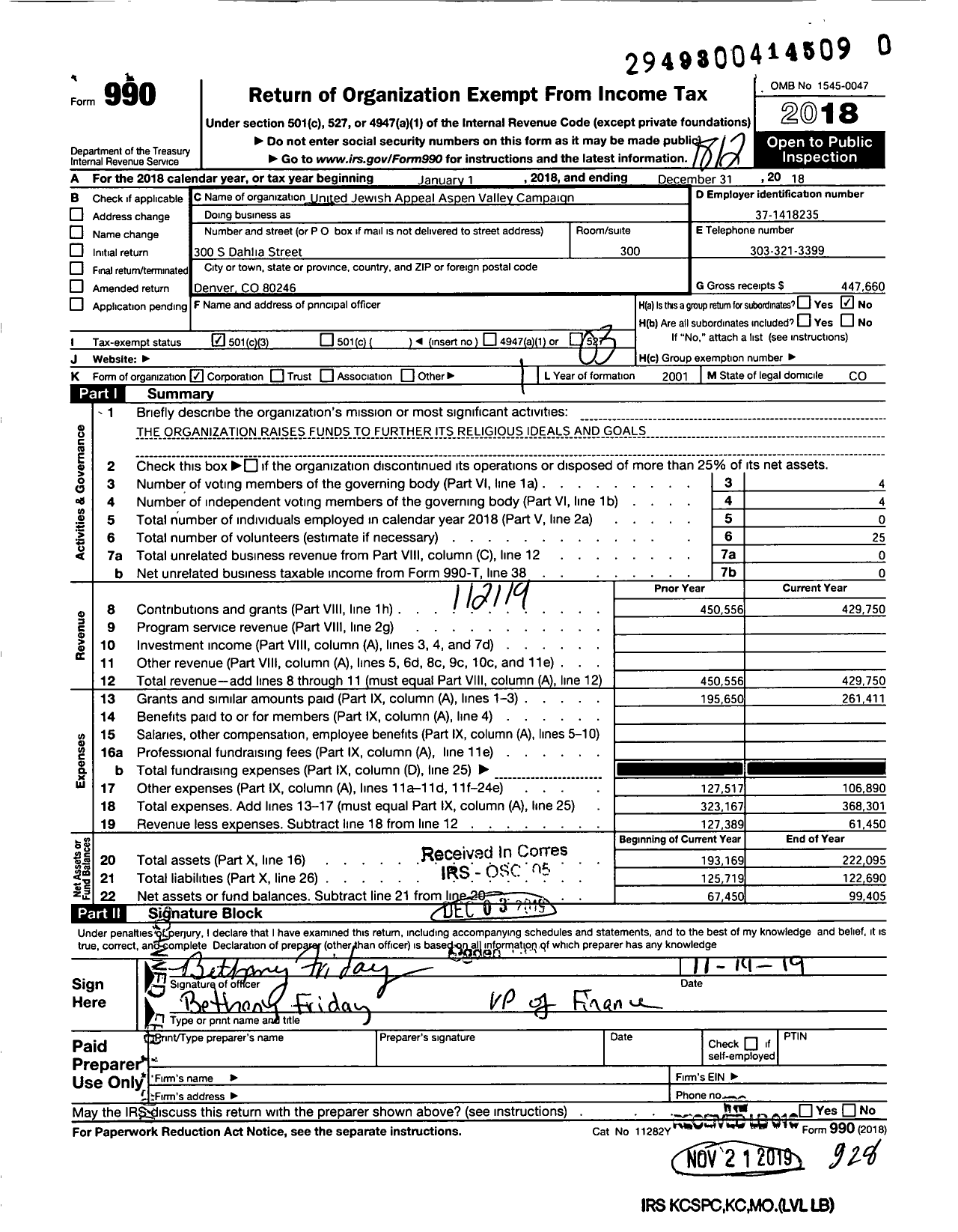 Image of first page of 2018 Form 990 for United Jewish Appeal Aspen Valley Campaign