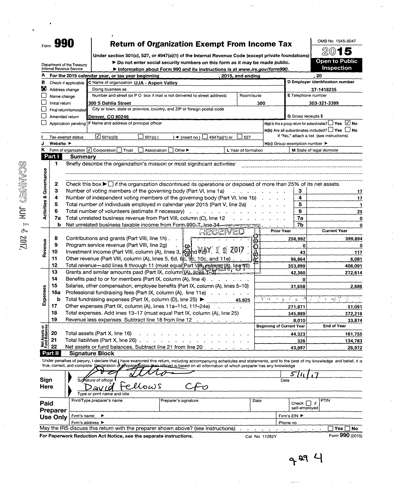 Image of first page of 2015 Form 990 for United Jewish Appeal Aspen Valley Campaign