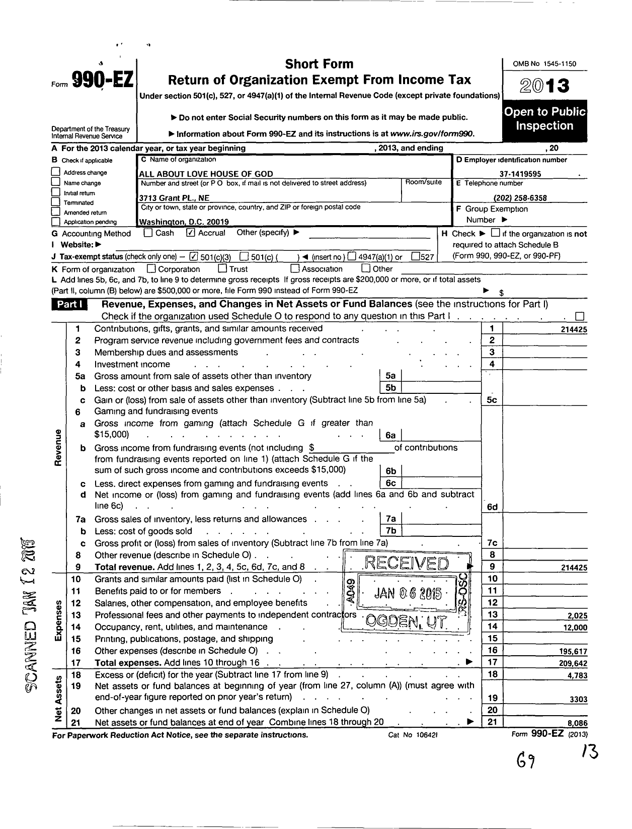 Image of first page of 2013 Form 990EZ for The All About Love House of God