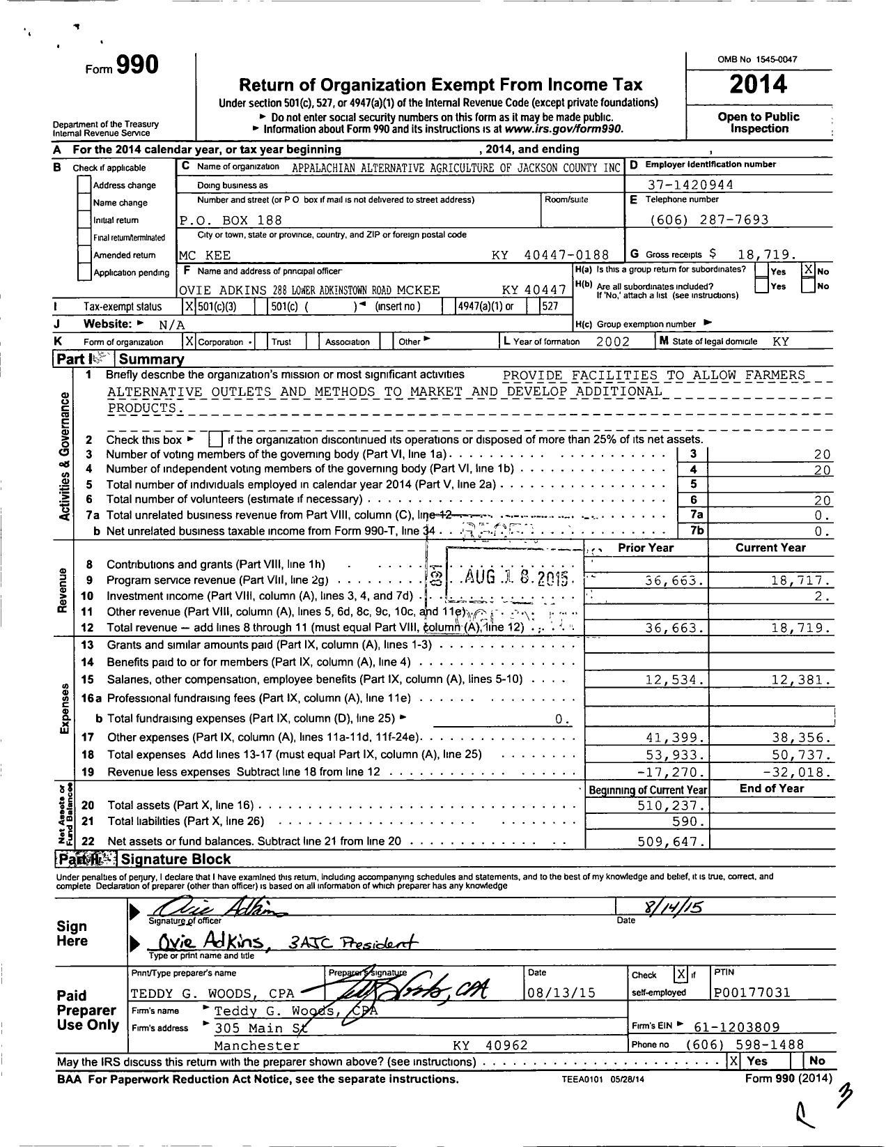Image of first page of 2014 Form 990 for Appalachian Alternative Agriculture of Jackson County