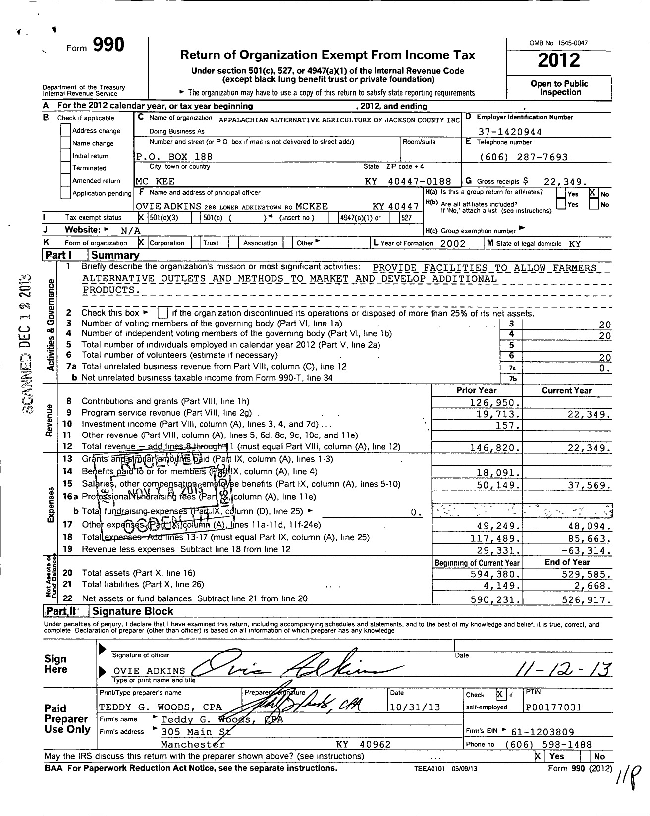 Image of first page of 2012 Form 990 for Appalachian Alternative Agriculture of Jackson County