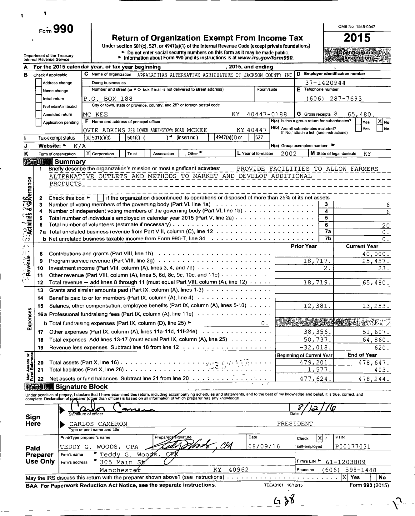 Image of first page of 2015 Form 990 for Appalachian Alternative Agriculture of Jackson County