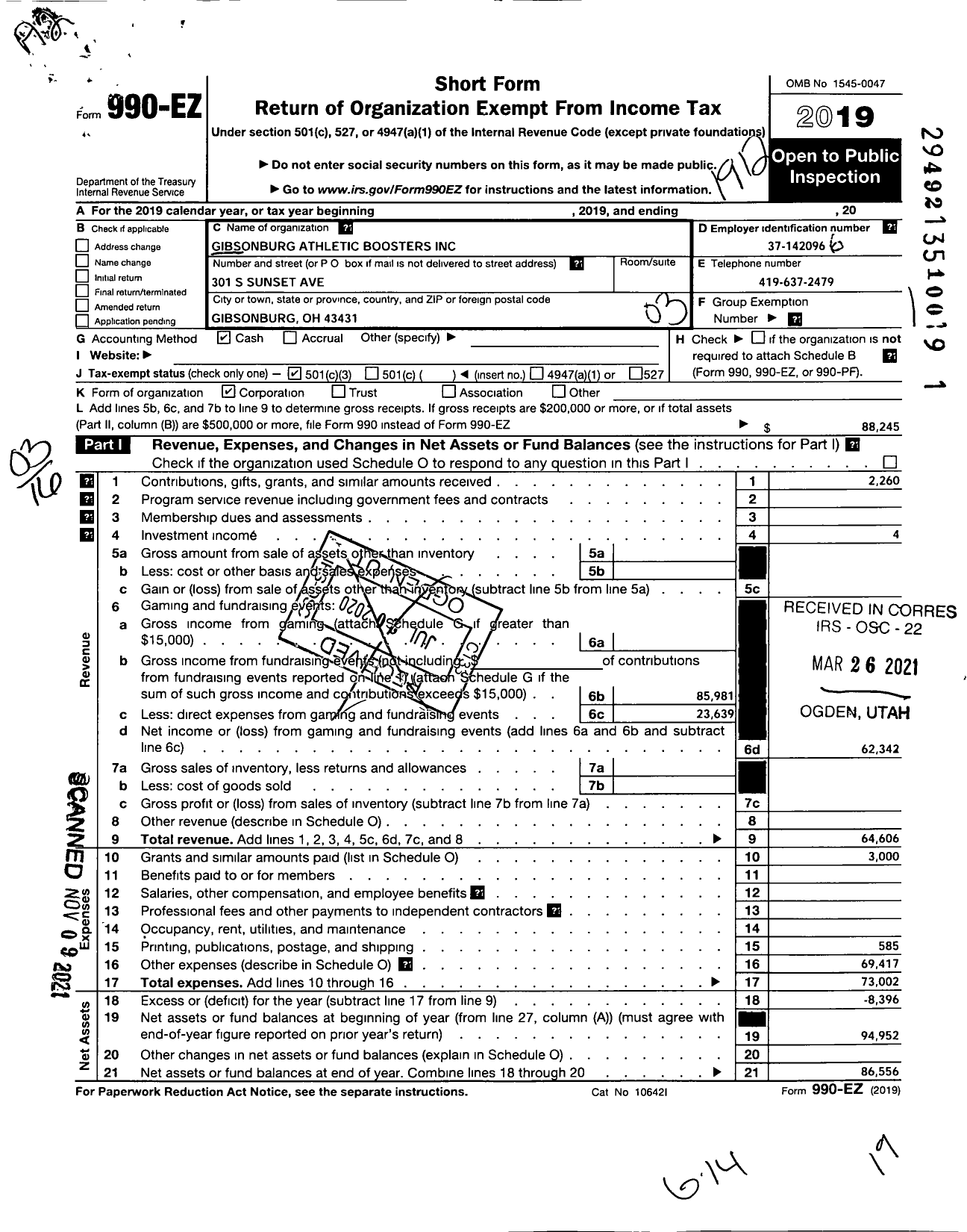 Image of first page of 2019 Form 990EZ for Gibsonburg Athletic Boosters