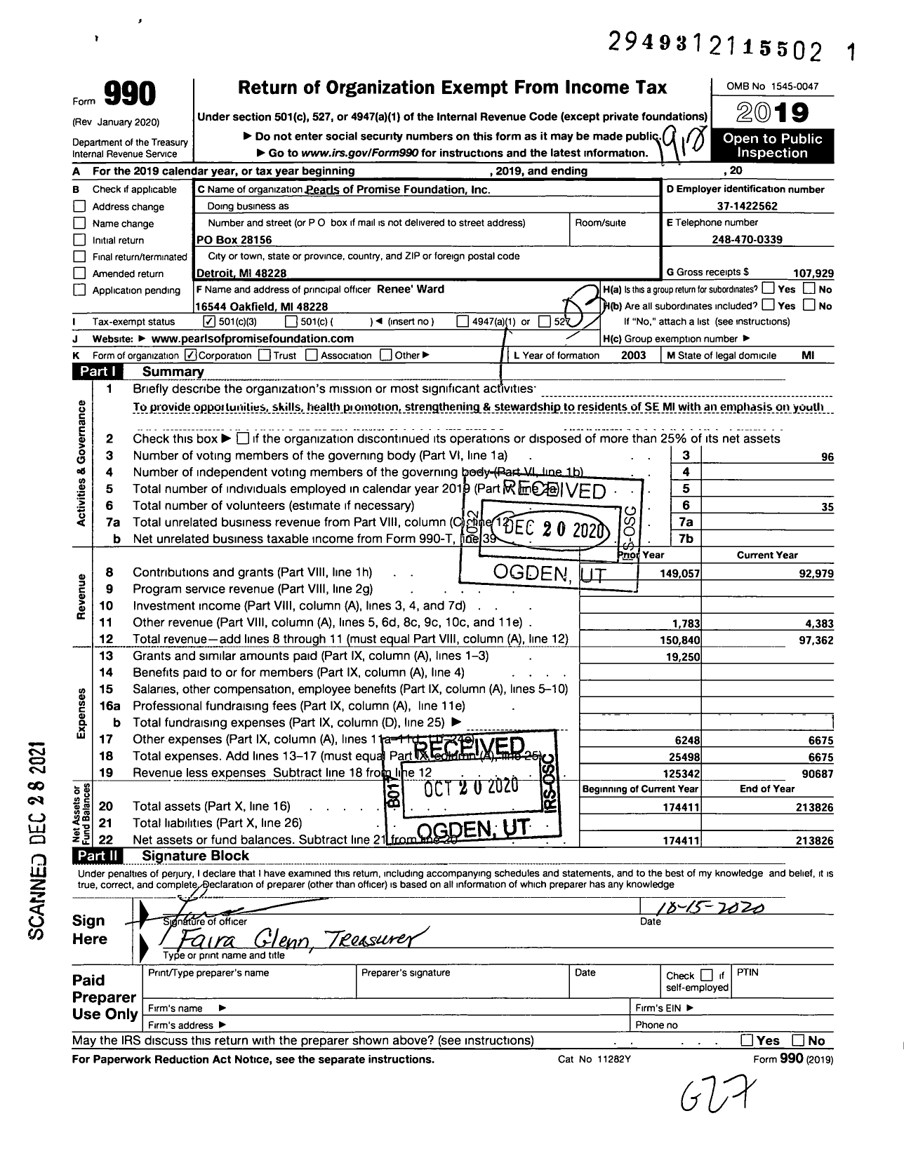 Image of first page of 2019 Form 990 for Pearls of Promise Foundation