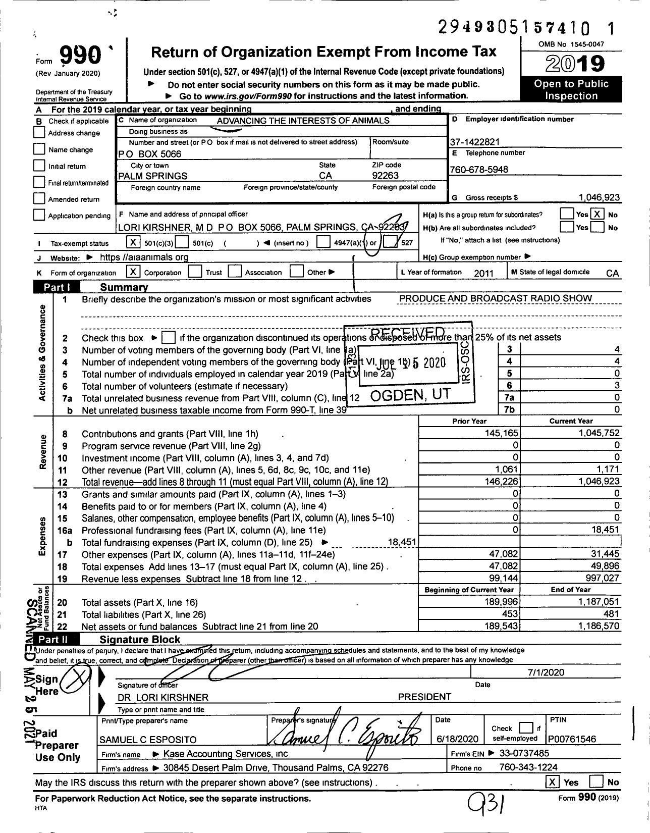 Image of first page of 2019 Form 990 for Advancing the Interests of Animals