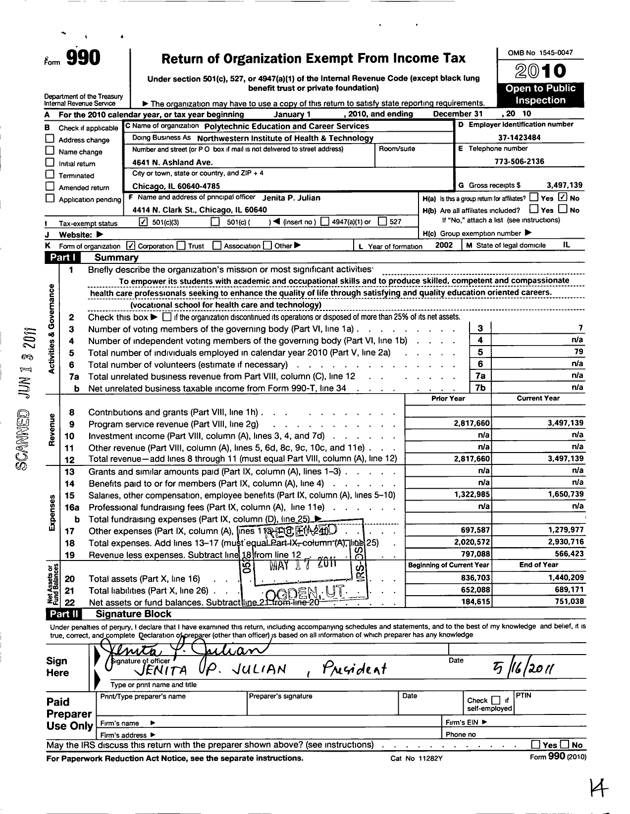 Image of first page of 2010 Form 990 for Polytechnic Education and Career Services