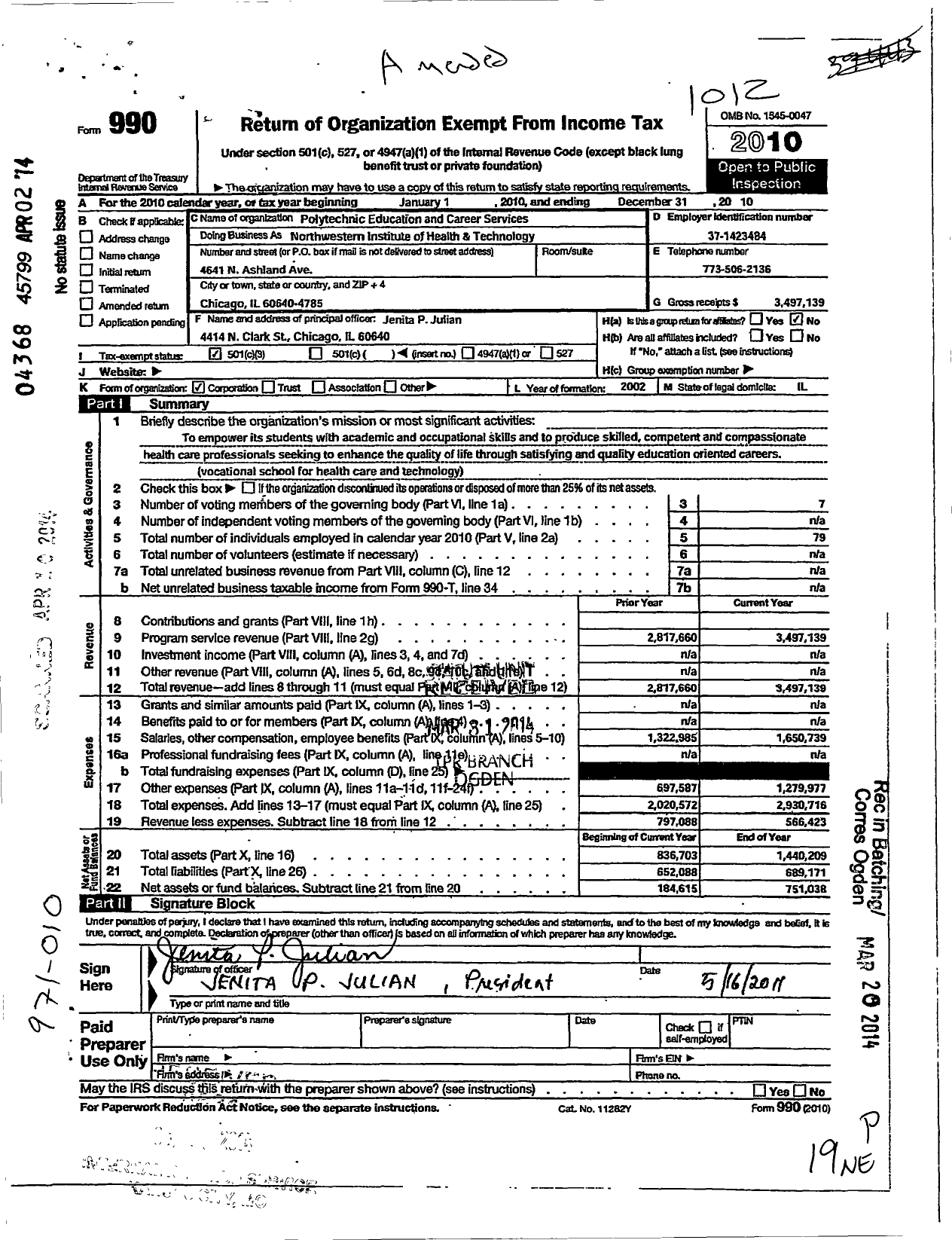 Image of first page of 2010 Form 990 for Polytechnic Education and Career Services