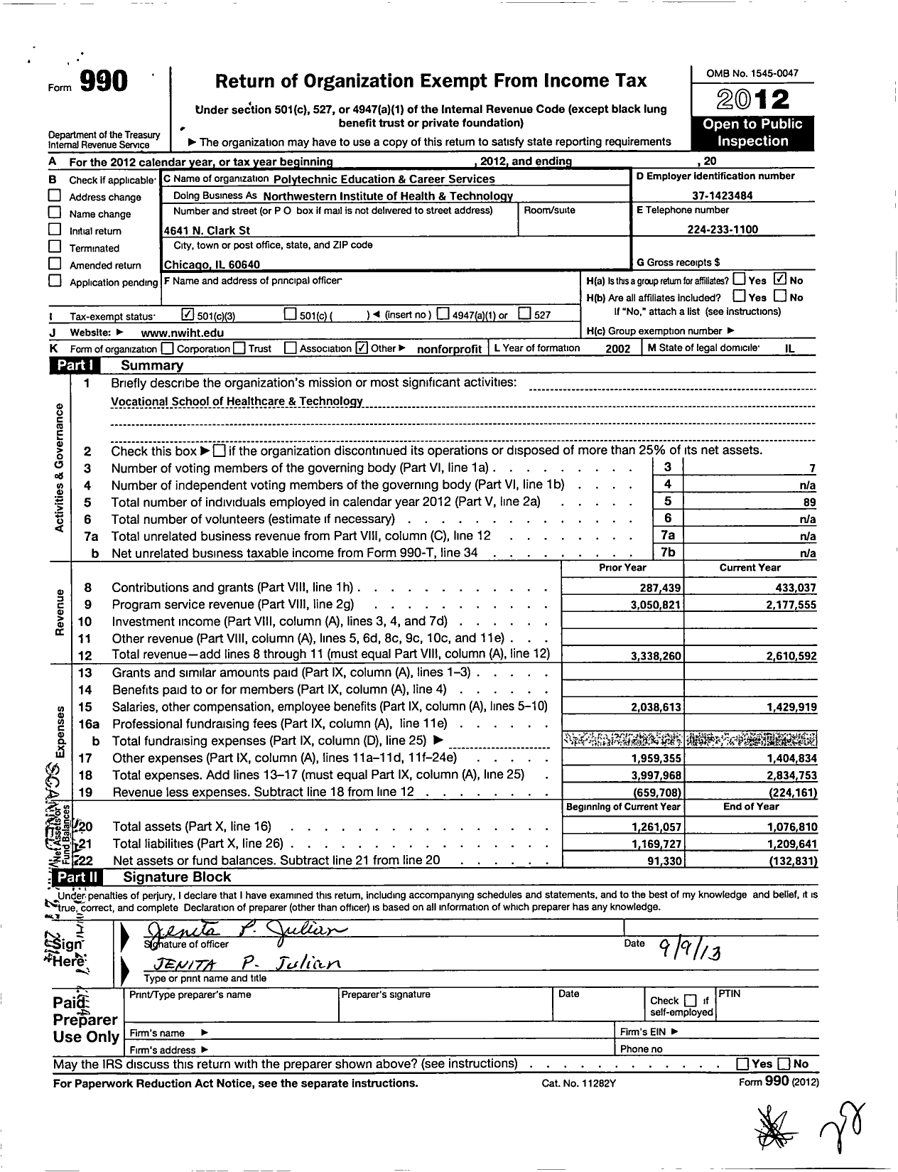 Image of first page of 2012 Form 990 for Polytechnic Education and Career Services