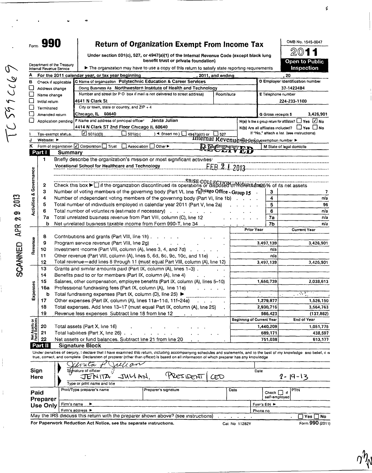 Image of first page of 2011 Form 990 for Polytechnic Education and Career Services