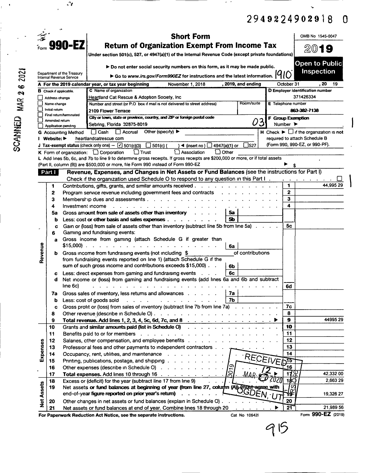 Image of first page of 2018 Form 990EZ for Heartland Cat Rescue and Adoption Society