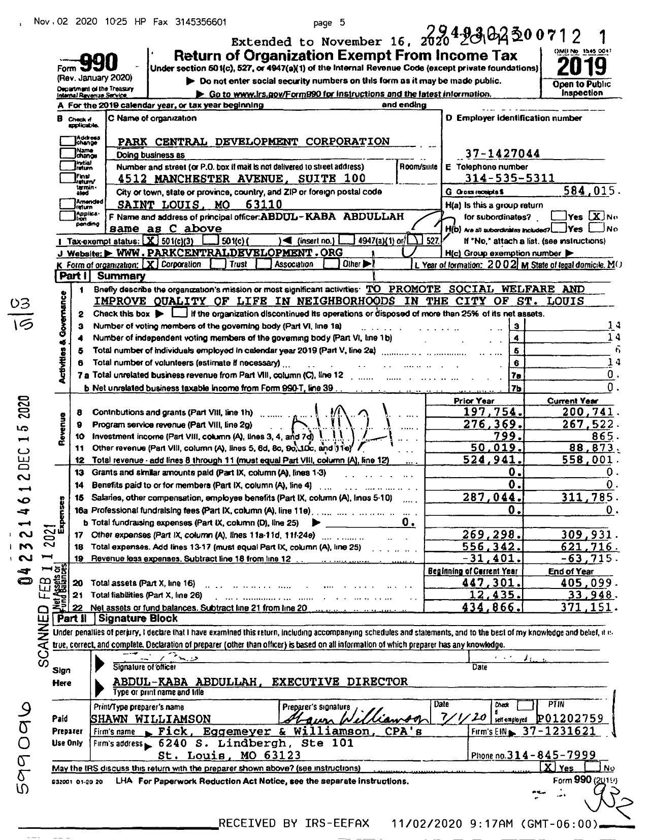 Image of first page of 2019 Form 990 for Park Central Development Corporation