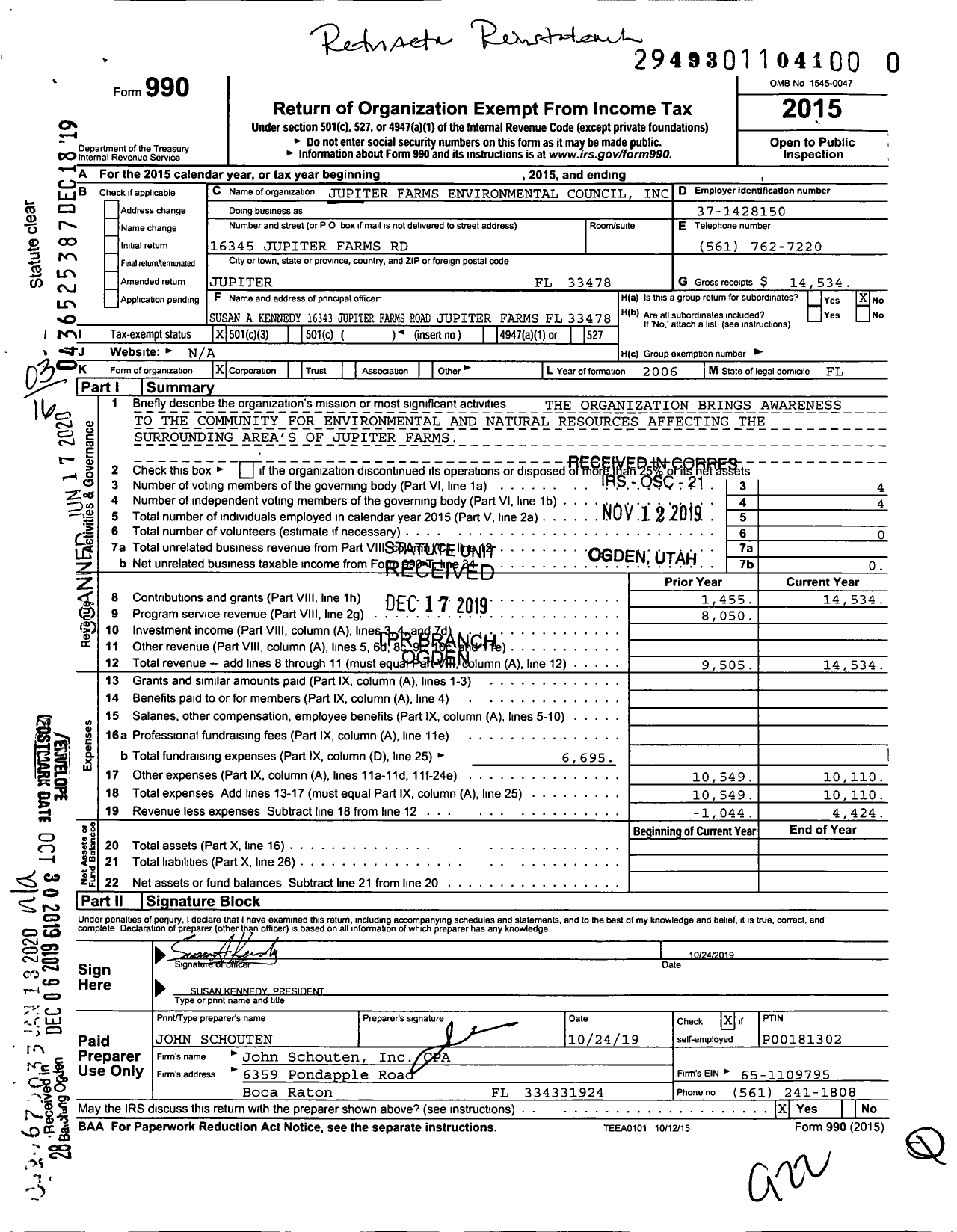 Image of first page of 2015 Form 990 for Jupiter Farms Environmental Counsel