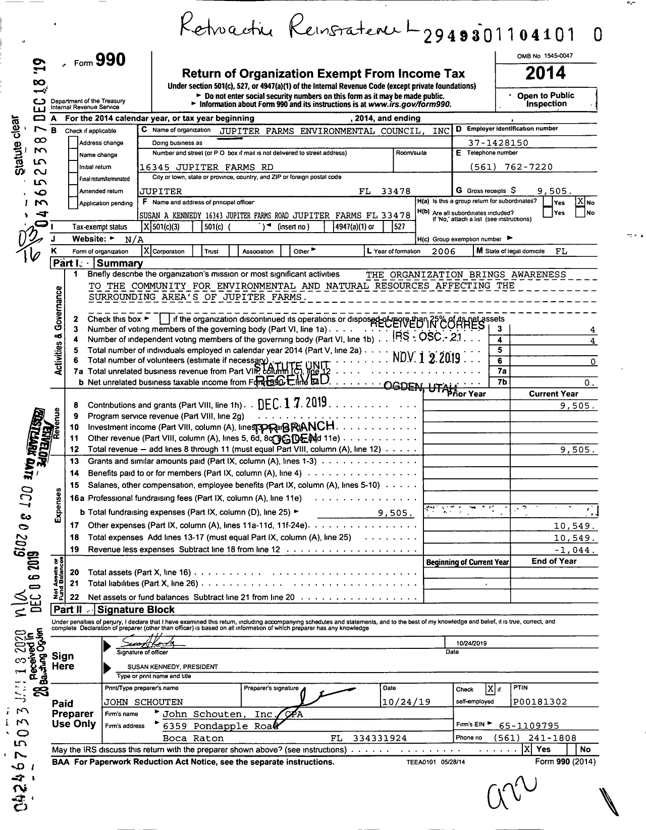 Image of first page of 2014 Form 990 for Jupiter Farms Environmental Counsel