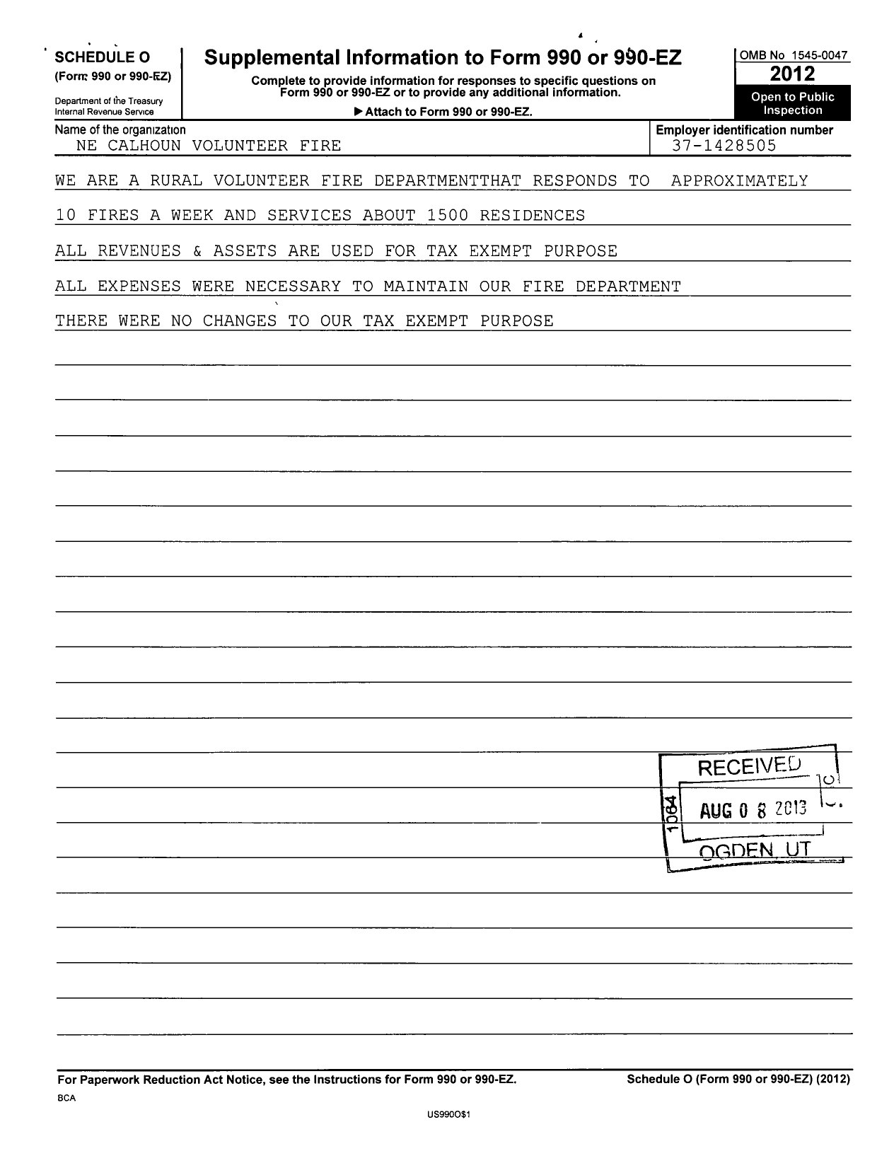 Image of first page of 2012 Form 990R for Ne Calhoun Olunteer Fire Department