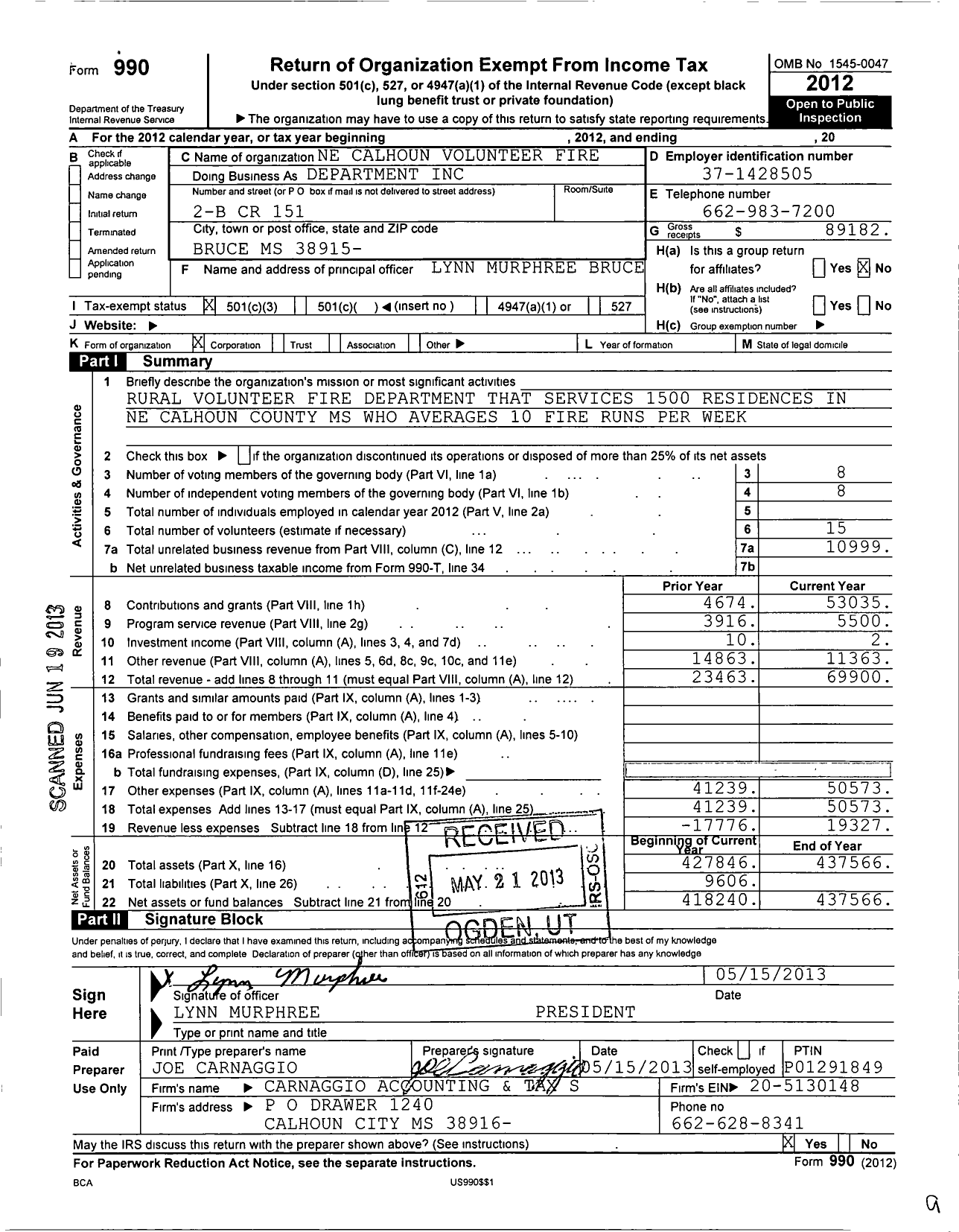 Image of first page of 2012 Form 990 for Ne Calhoun Olunteer Fire Department