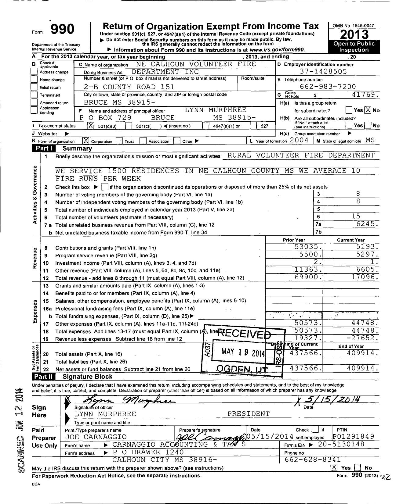 Image of first page of 2013 Form 990 for Ne Calhoun Olunteer Fire Department