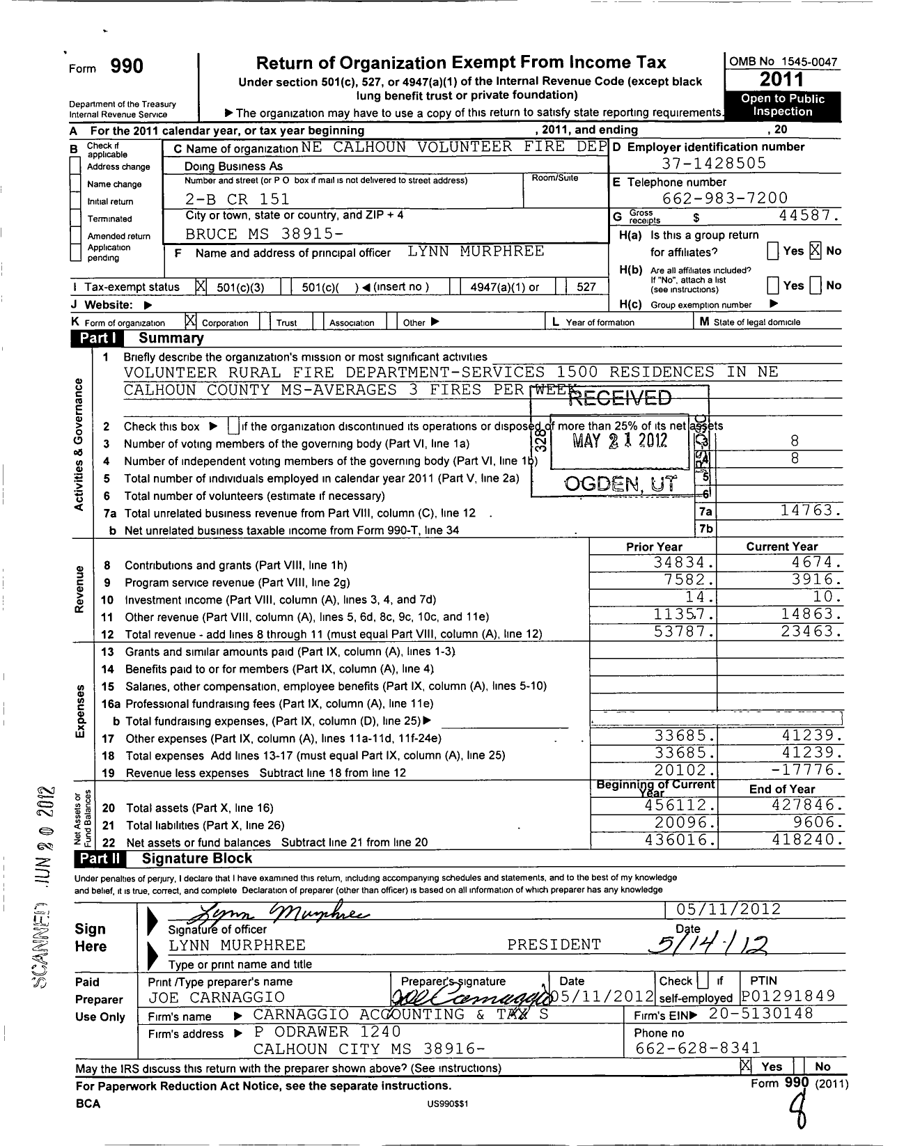 Image of first page of 2011 Form 990 for Ne Calhoun Olunteer Fire Department