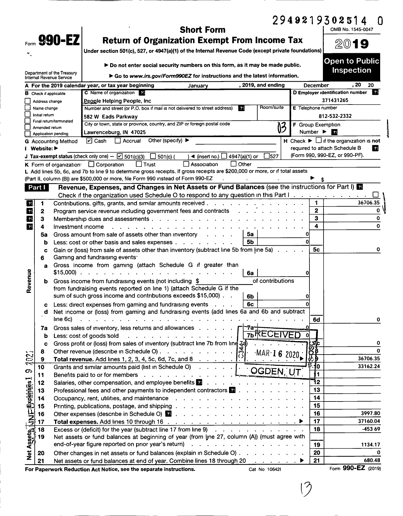 Image of first page of 2019 Form 990EZ for People Helping People Committee