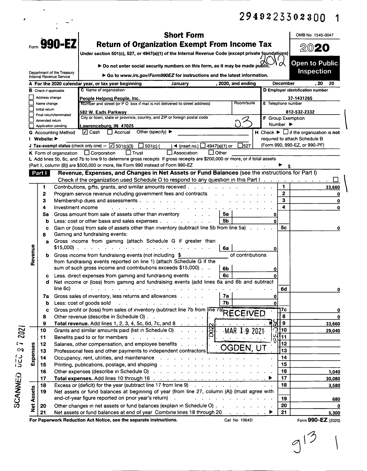 Image of first page of 2020 Form 990EZ for People Helping People Committee