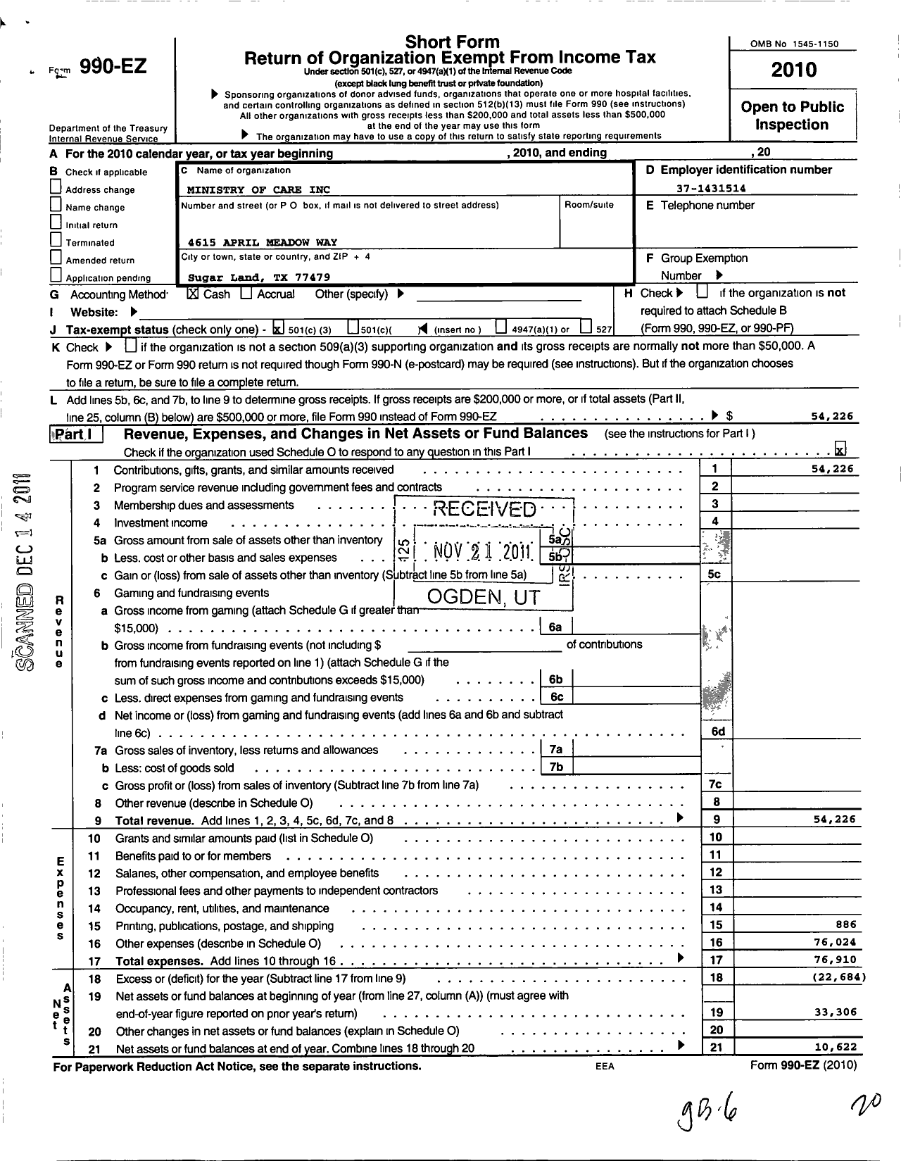 Image of first page of 2010 Form 990EZ for Ministry of Care