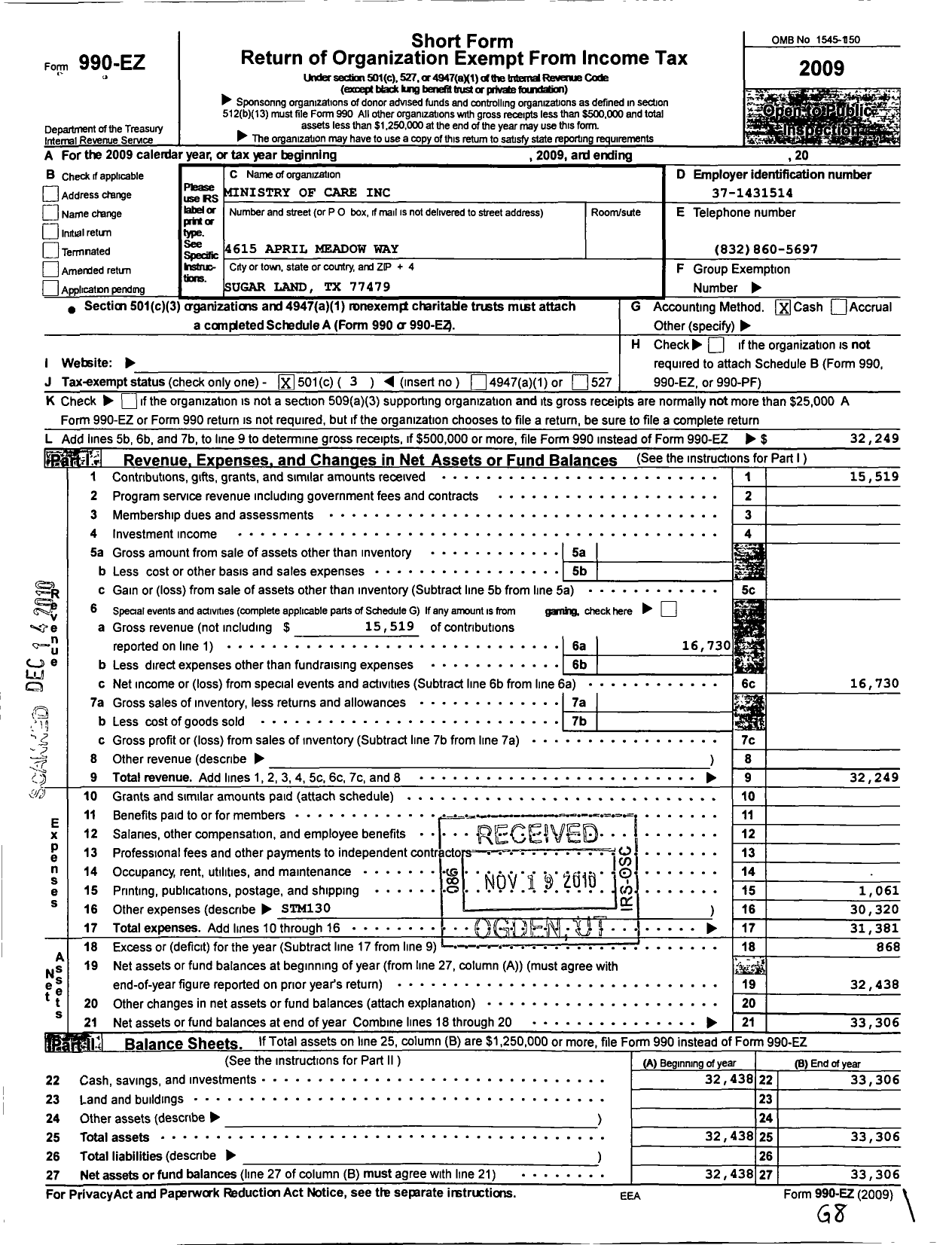 Image of first page of 2009 Form 990EZ for Ministry of Care