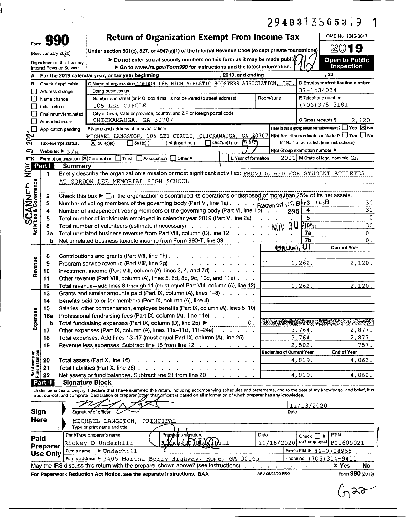 Image of first page of 2019 Form 990 for Gordon Lee High School Athletic Boosters Association