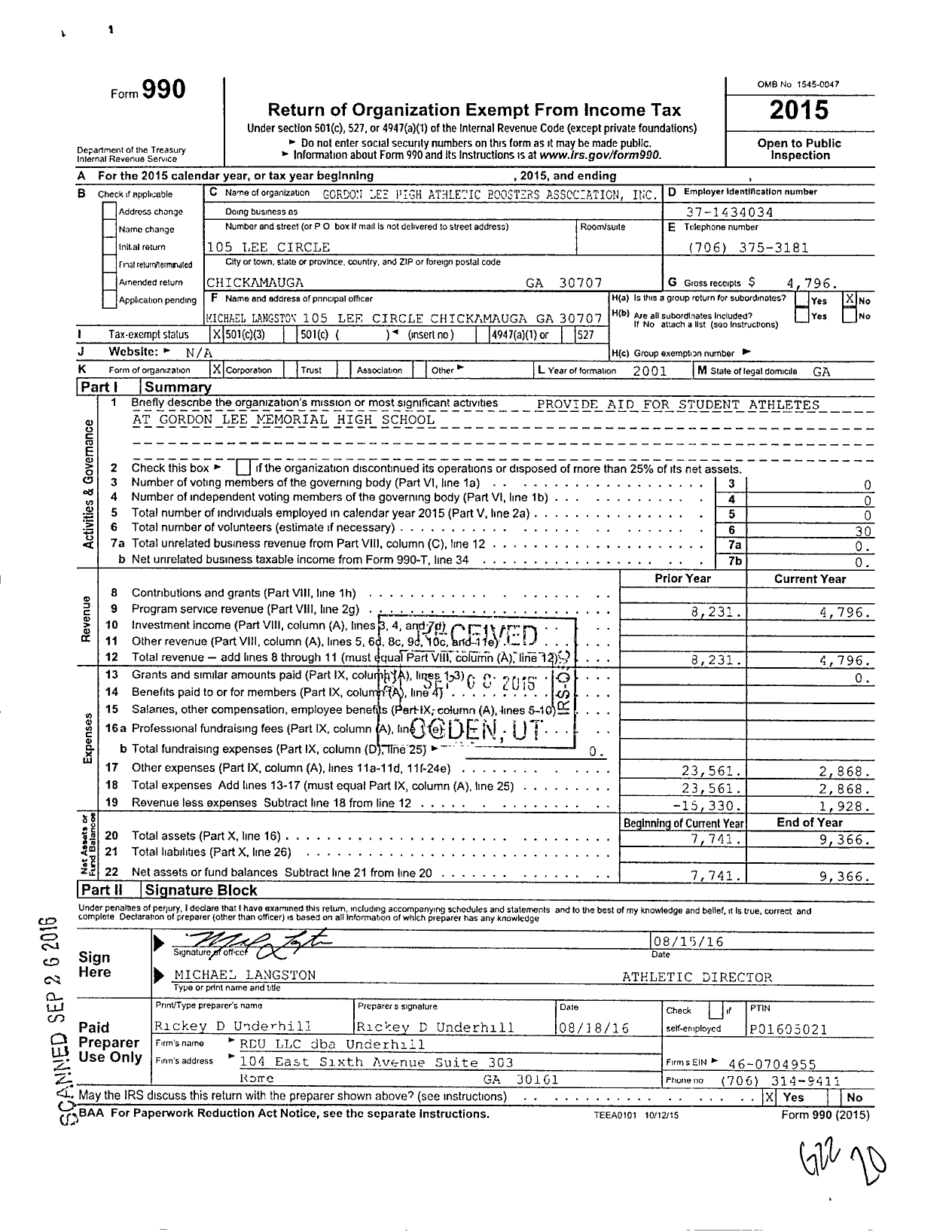 Image of first page of 2015 Form 990 for Gordon Lee High School Athletic Boosters Association