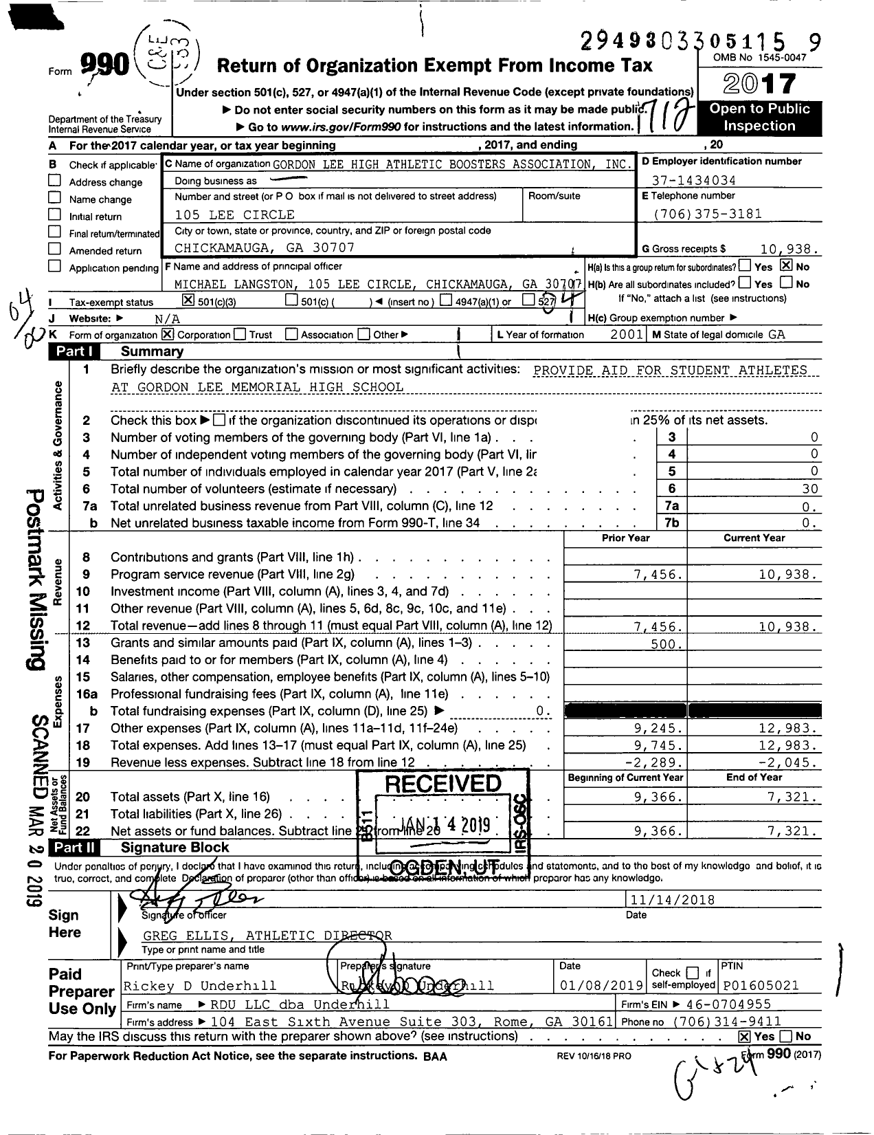 Image of first page of 2017 Form 990O for Gordon Lee High School Athletic Boosters Association