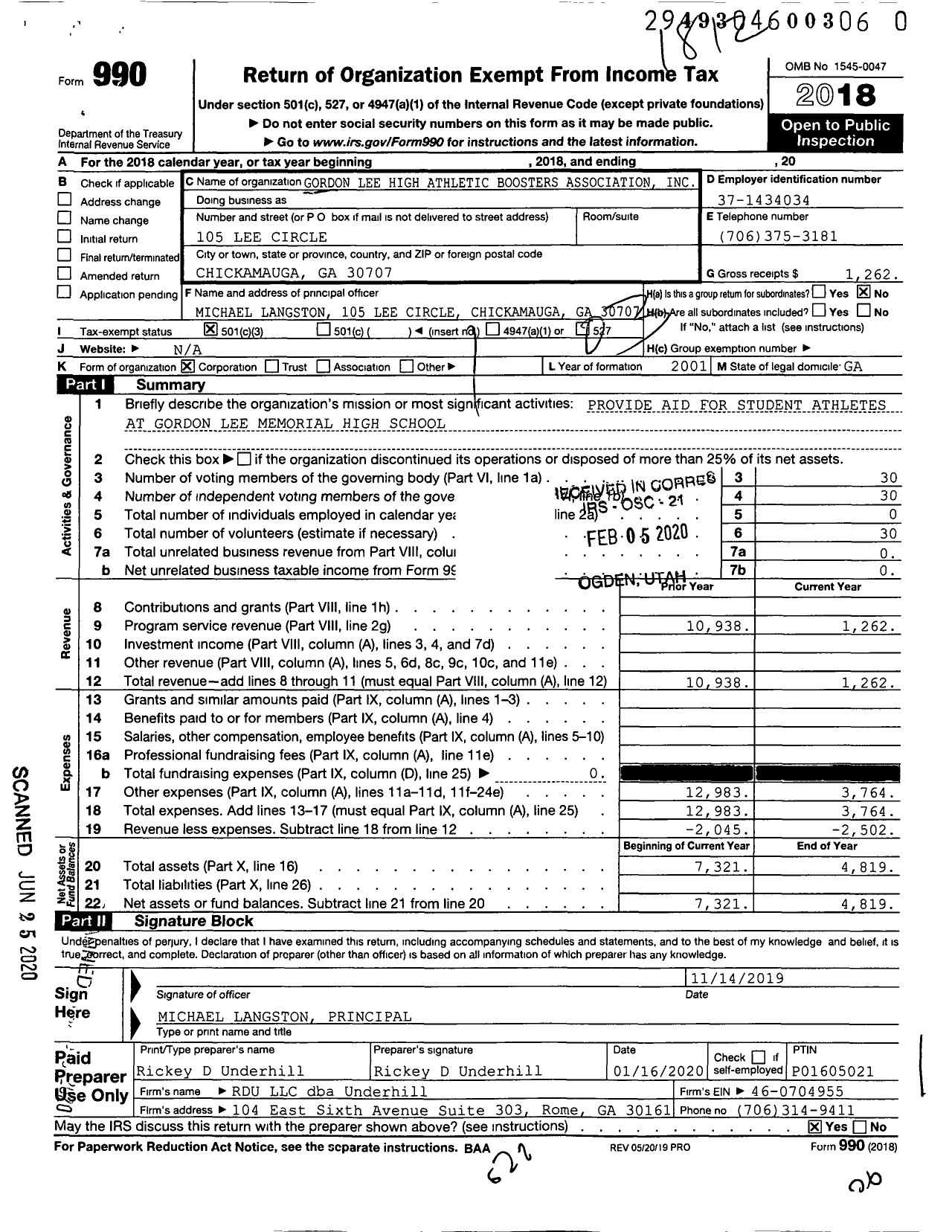 Image of first page of 2018 Form 990 for Gordon Lee High School Athletic Boosters Association