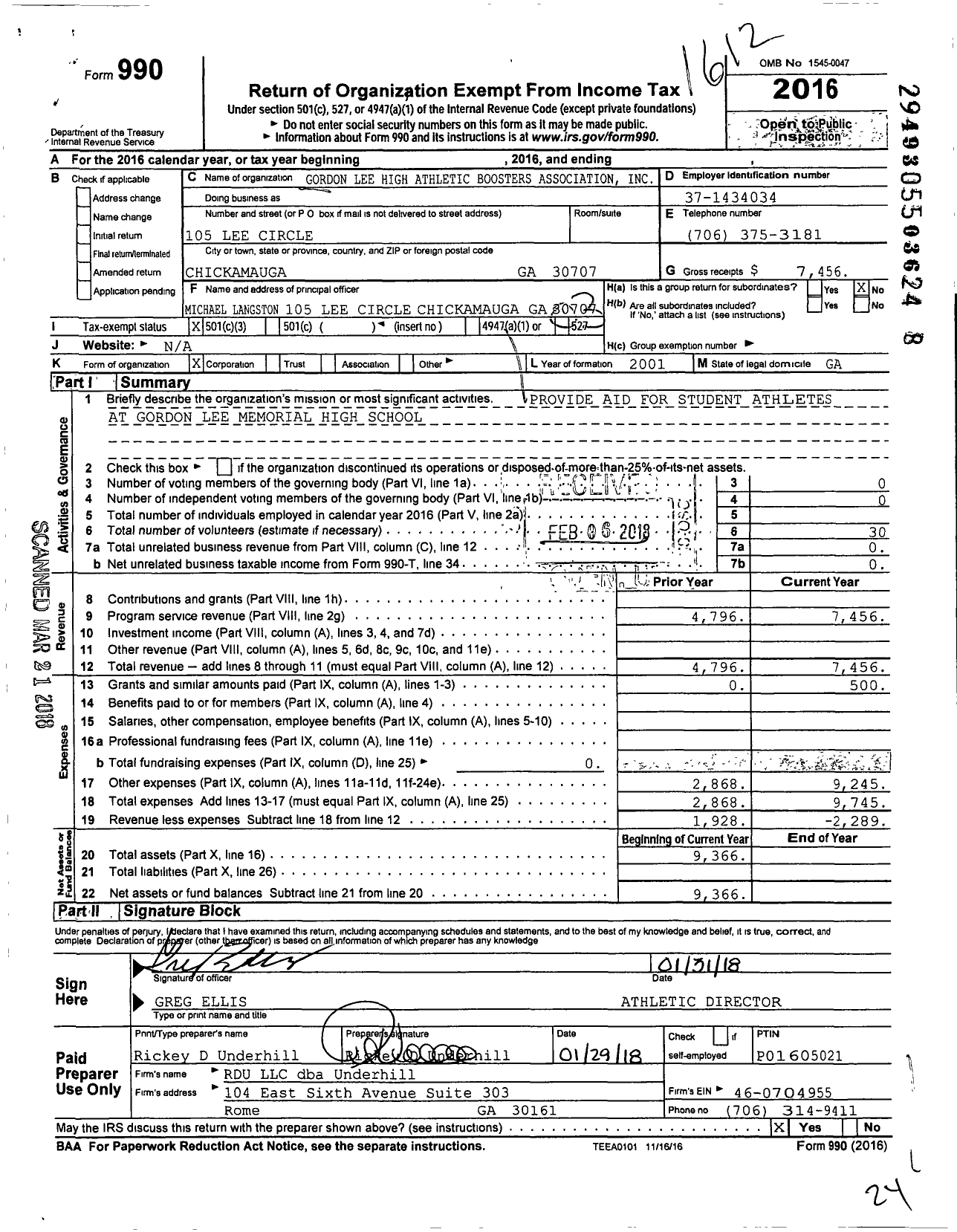 Image of first page of 2016 Form 990 for Gordon Lee High School Athletic Boosters Association