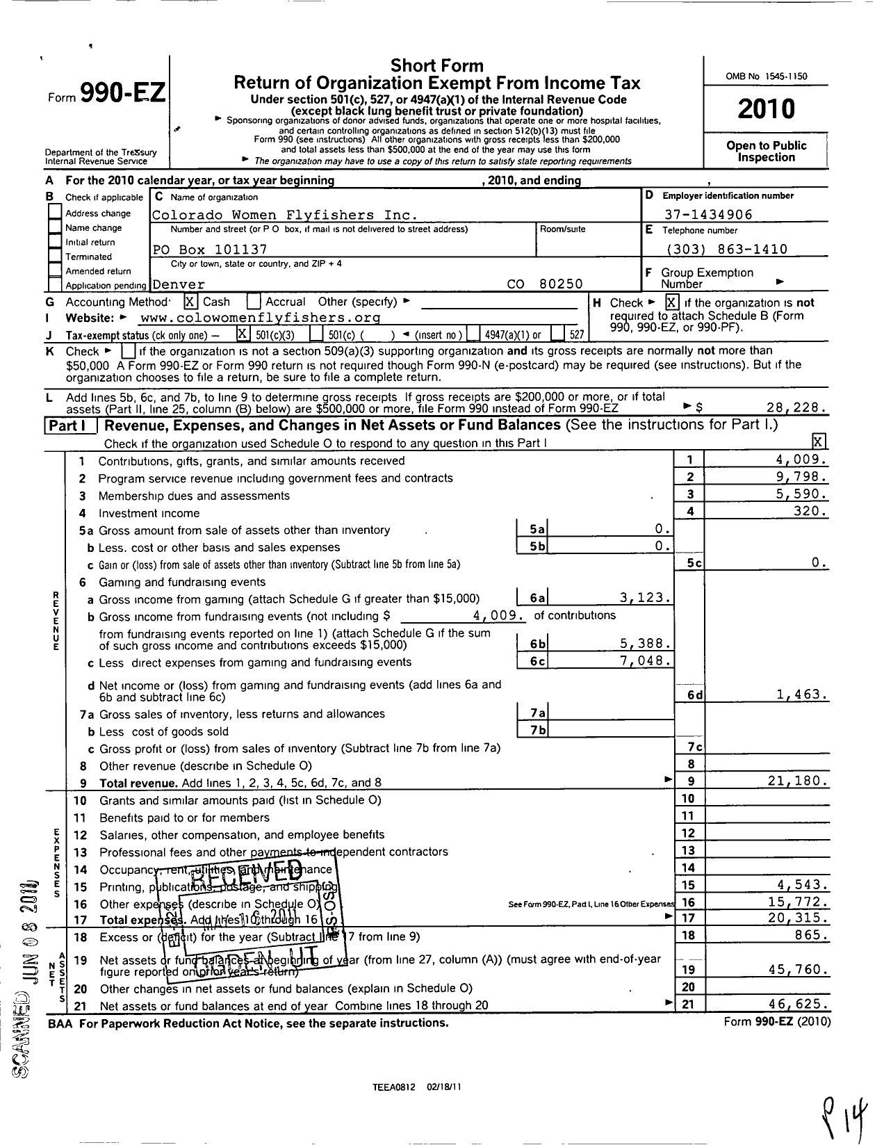 Image of first page of 2010 Form 990EZ for Colorado Women Flyfishers